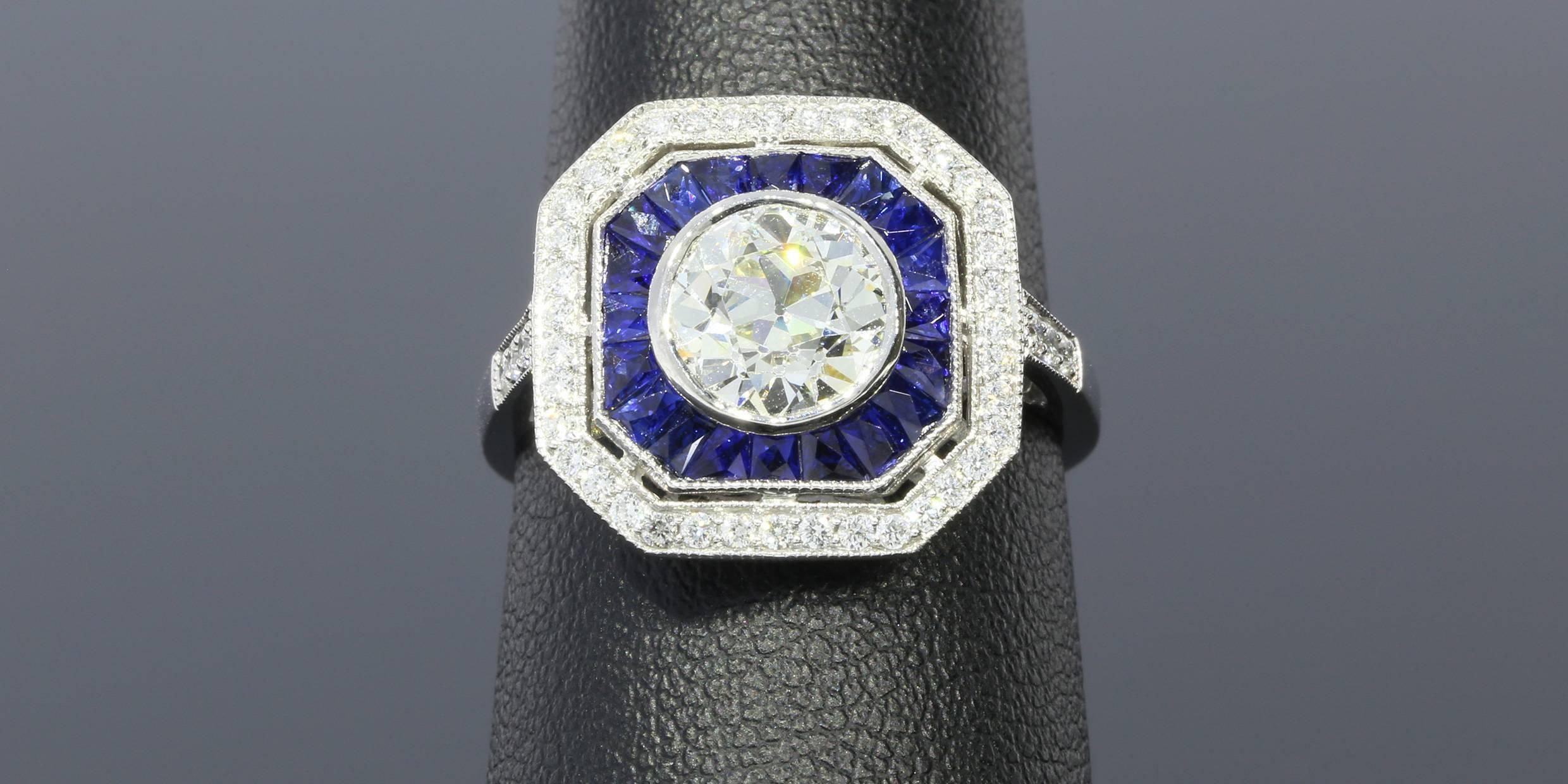 Stunning Art Deco Old European Diamond Sapphire Platinum Halo Ring 2