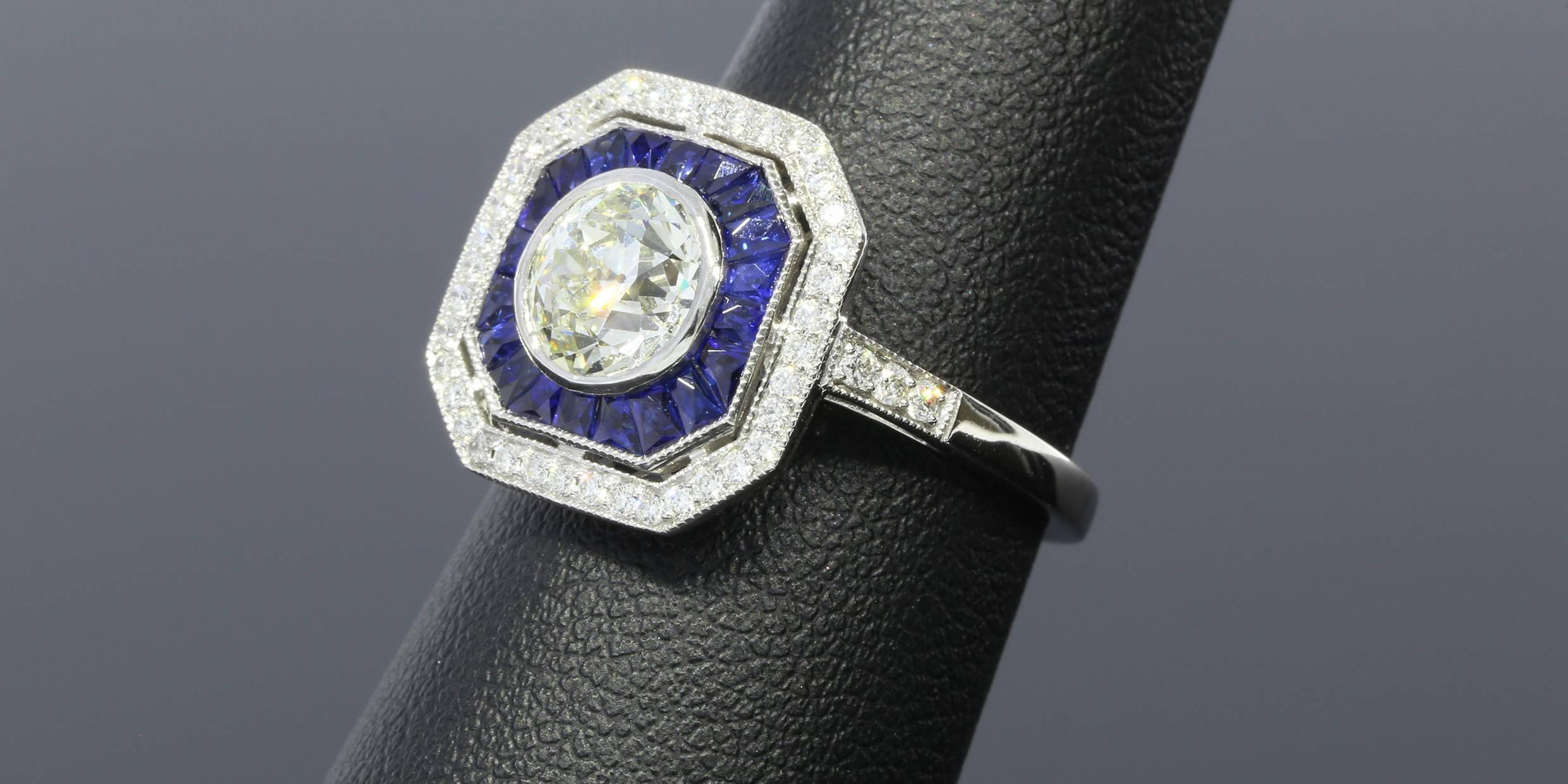 Stunning Art Deco Old European Diamond Sapphire Platinum Halo Ring 1