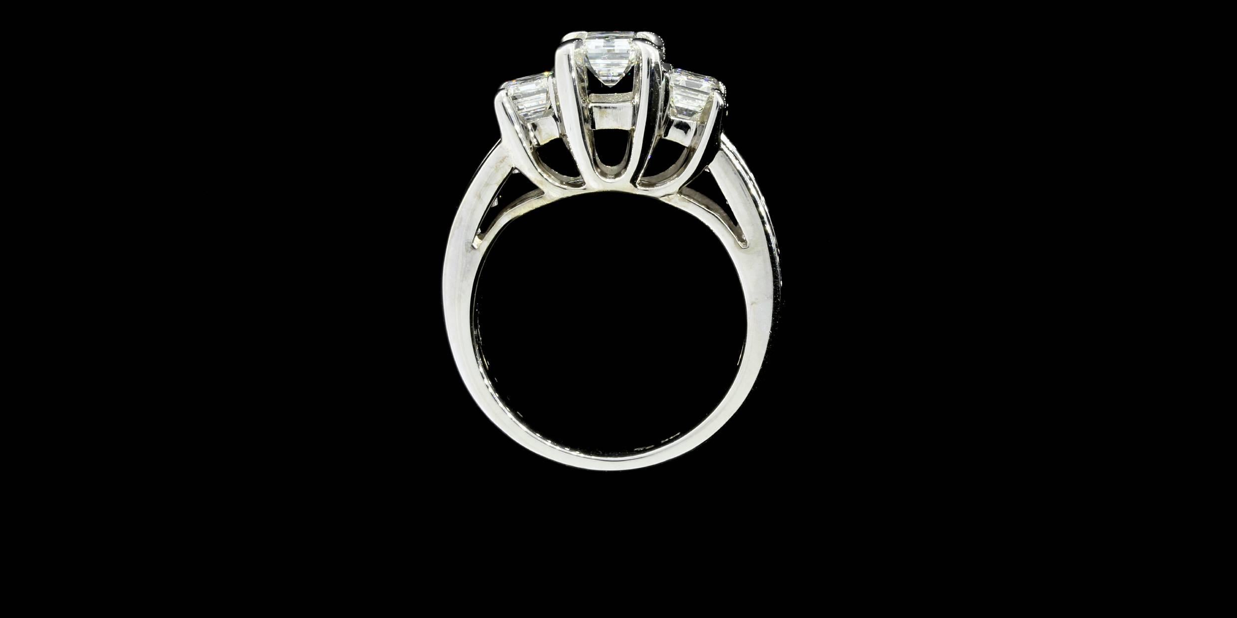 Women's Three-Stone Emerald Cut Diamond Gold Engagement Ring For Sale