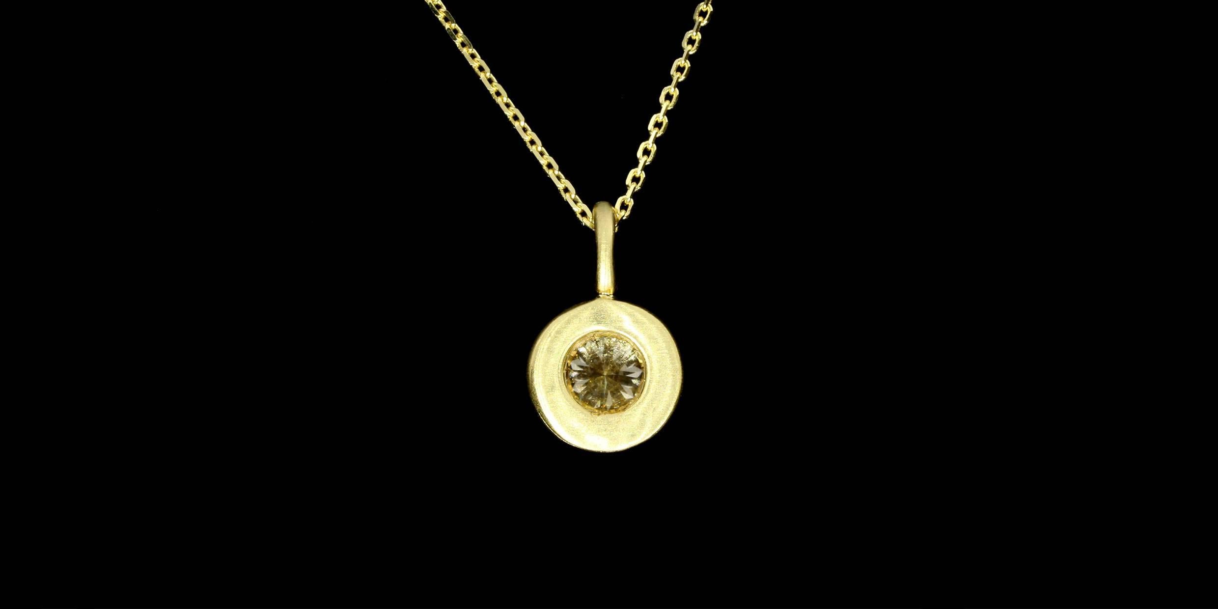 Yellow Gold Round Diamond Brush Finish Solitaire Bezel Pendant In New Condition In Columbia, MO