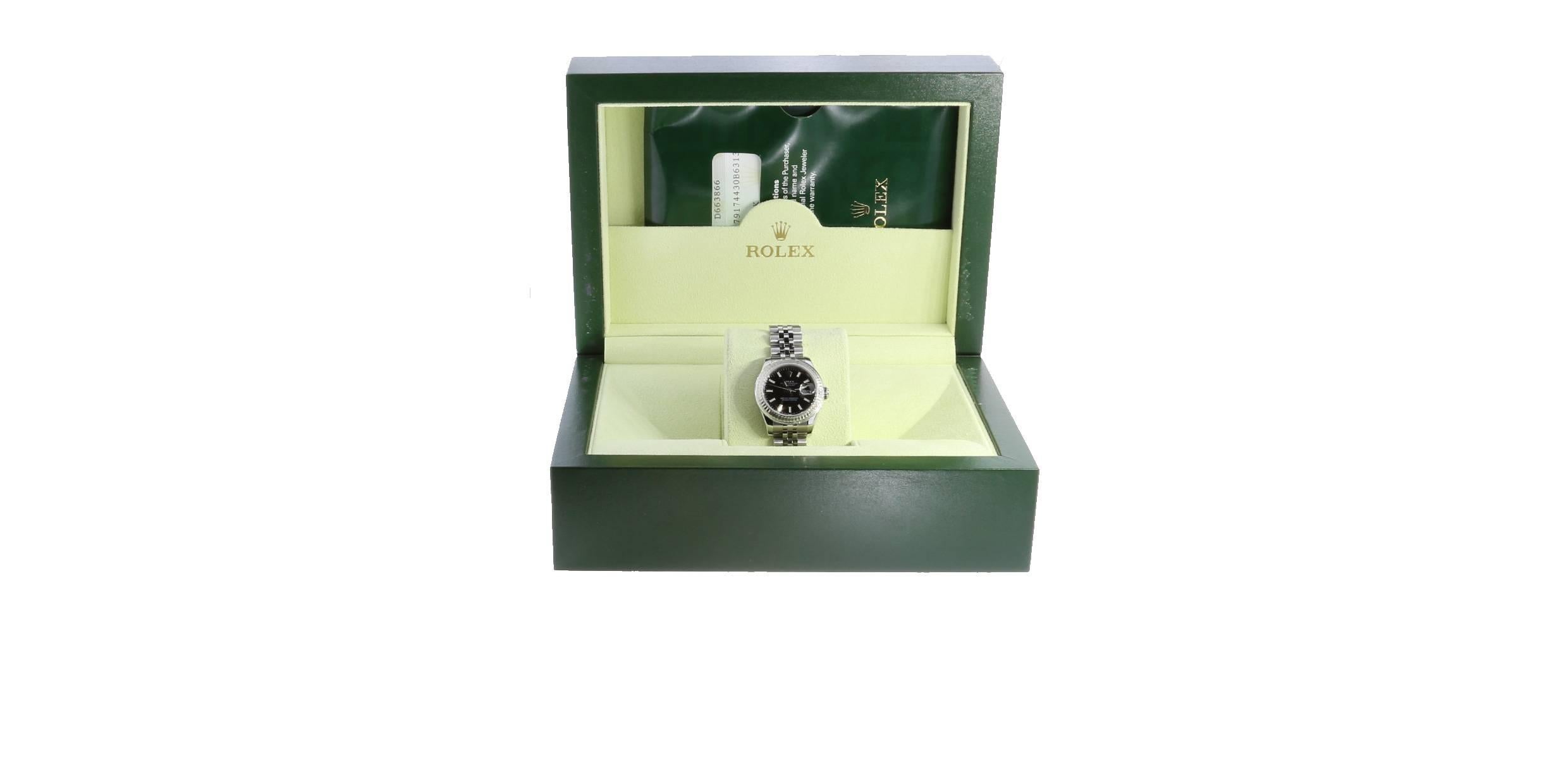 Rolex Lady's Oyster Perpetual DateJust Black Dial Fluted Bezel Wristwatch 2