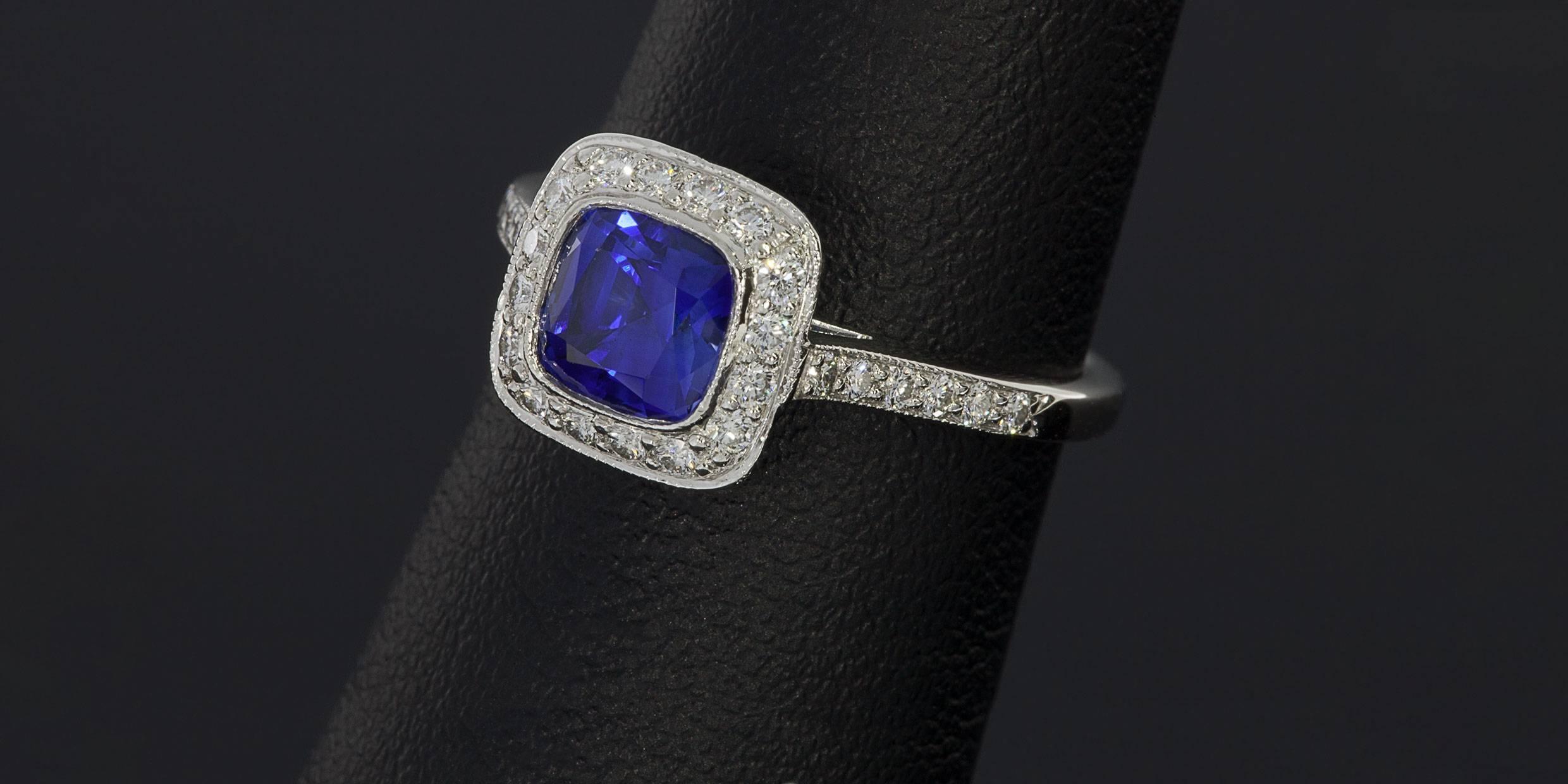 Tiffany & Co. Sapphire Diamond Platinum Legacy Halo Engagement Ring In Excellent Condition In Columbia, MO