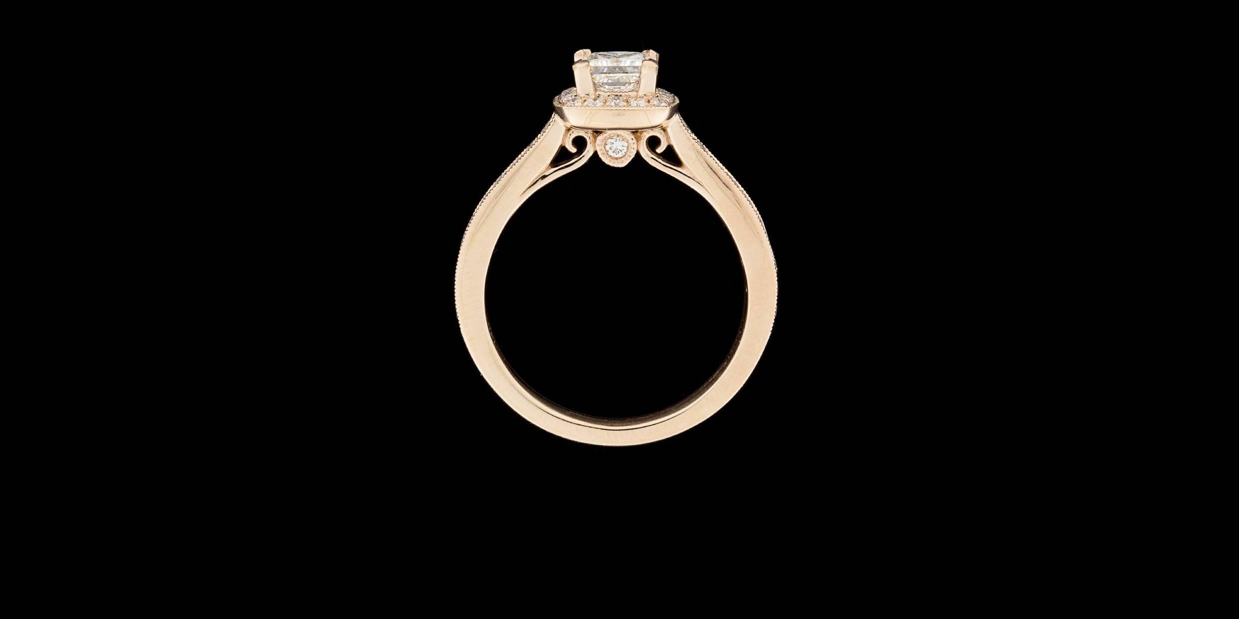 Women's Gabriel & Co Princess Diamond Rose Gold Halo Milgrain Engagement Ring