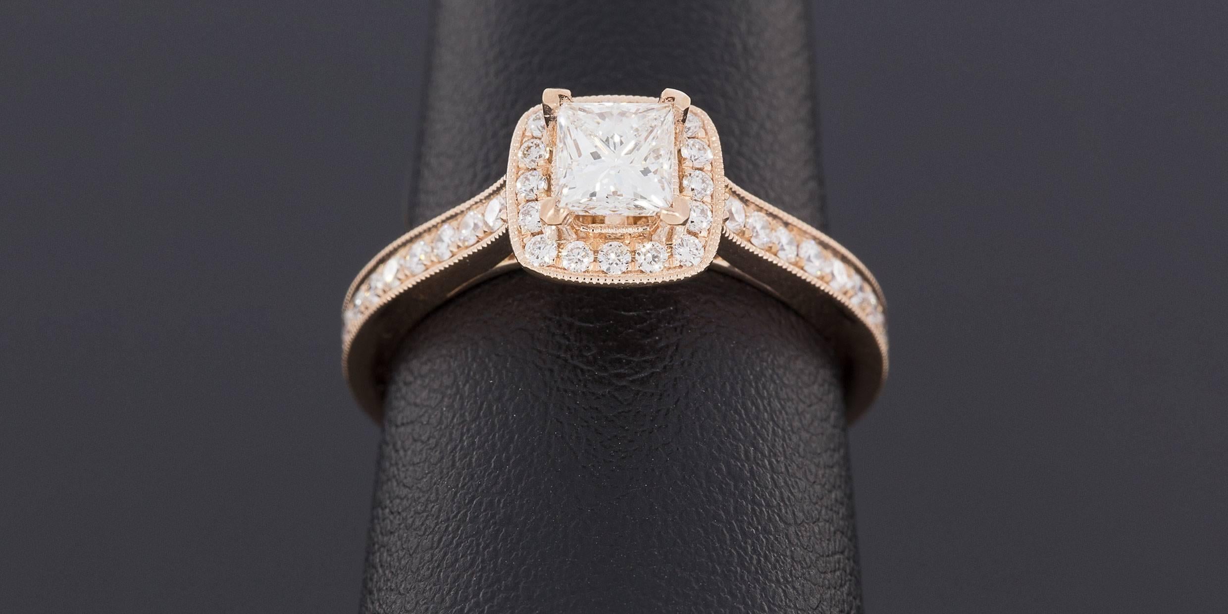 Gabriel & Co Princess Diamond Rose Gold Halo Milgrain Engagement Ring 1