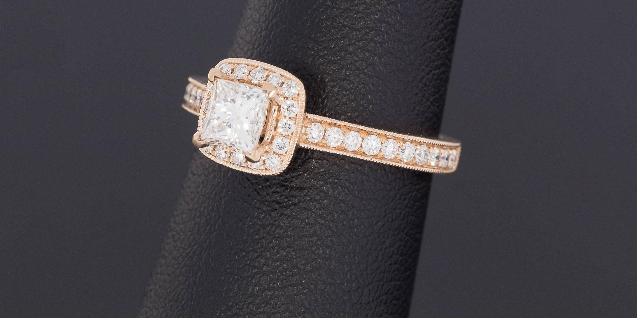 Gabriel & Co Princess Diamond Rose Gold Halo Milgrain Engagement Ring 2