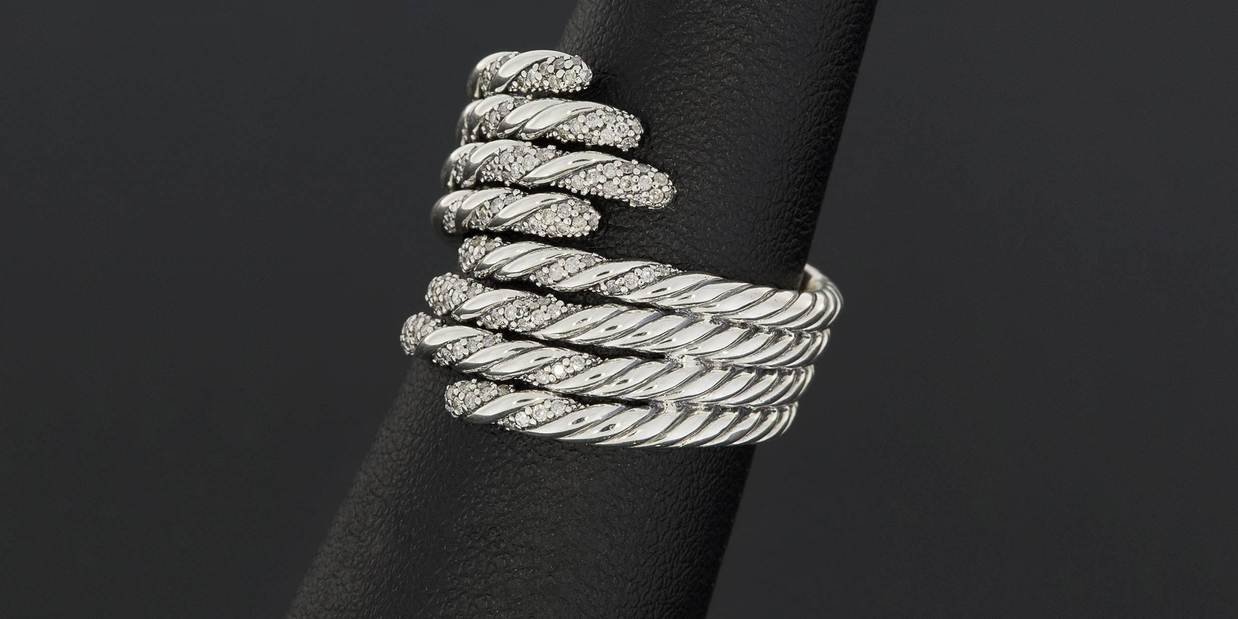 David Yurman Sterling Silver Pave Diamond Willow Open 4-Row Bypass Band Ring In New Condition In Columbia, MO