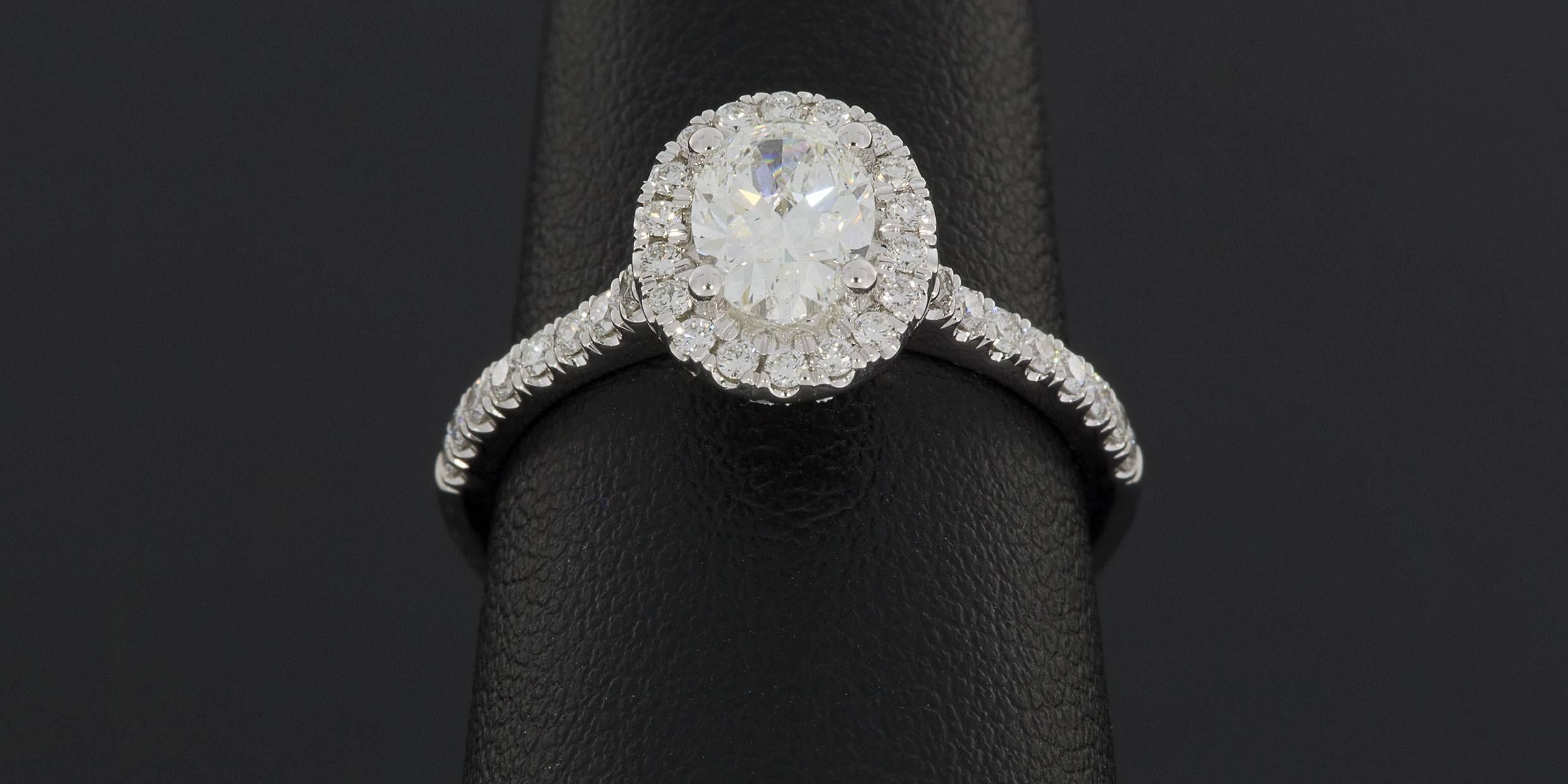 Martin Flyer .75 Carat Oval Diamond Micropave Halo Gold Engagement Ring In New Condition In Columbia, MO