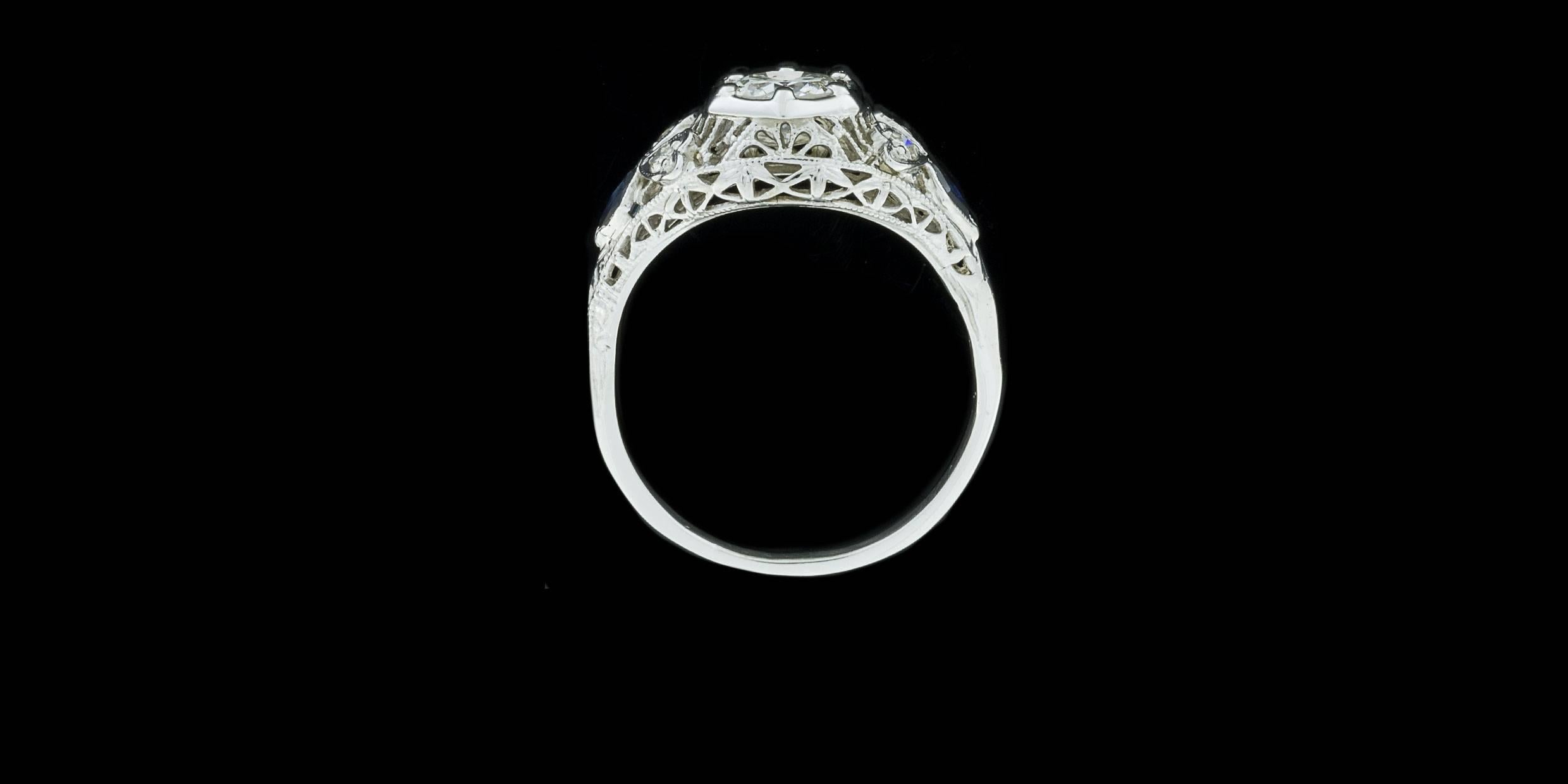 Women's Vintage White Gold Circular Brilliant Diamond Sapphire Filigree Ring