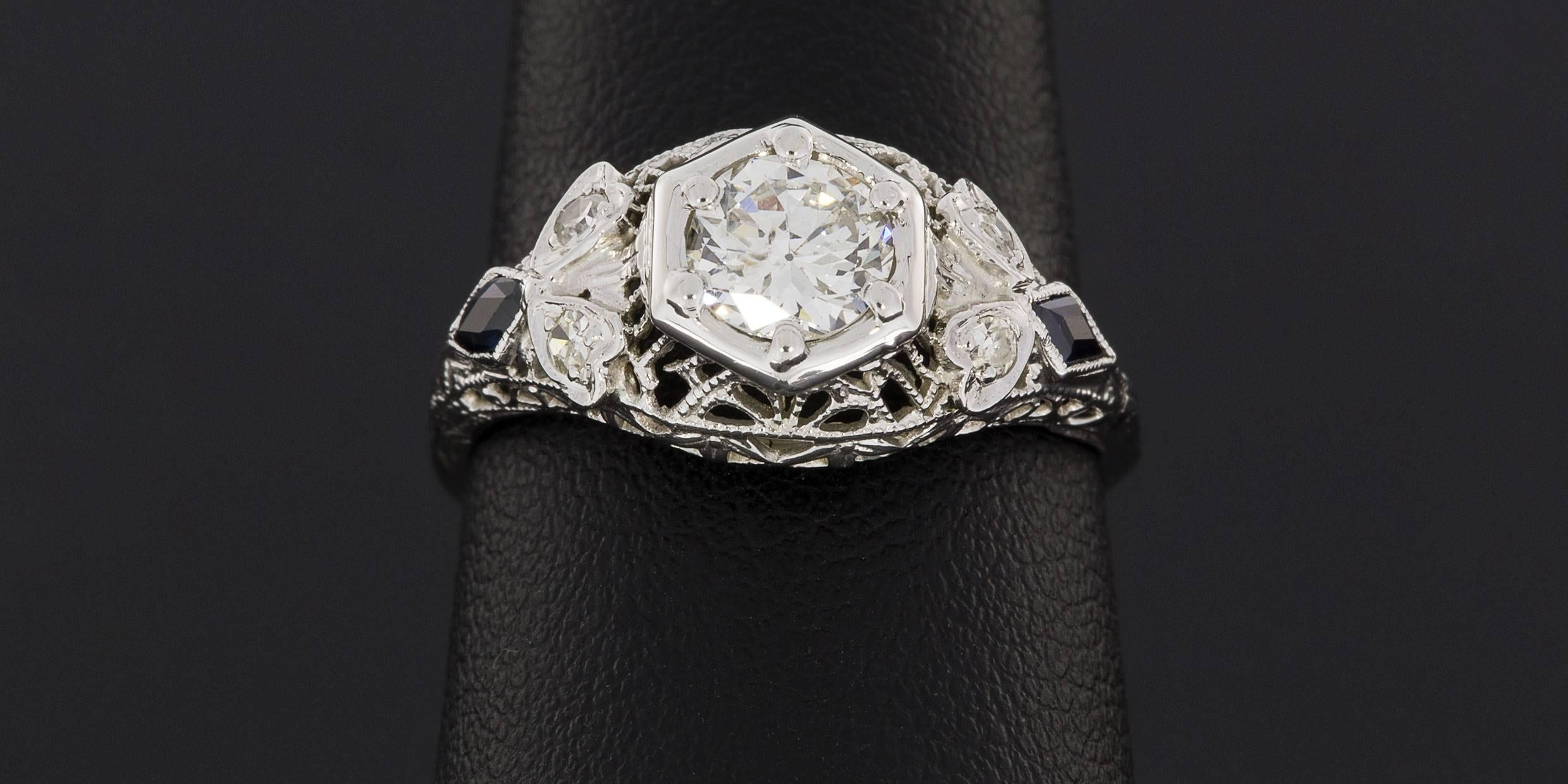 Vintage White Gold Circular Brilliant Diamond Sapphire Filigree Ring 1