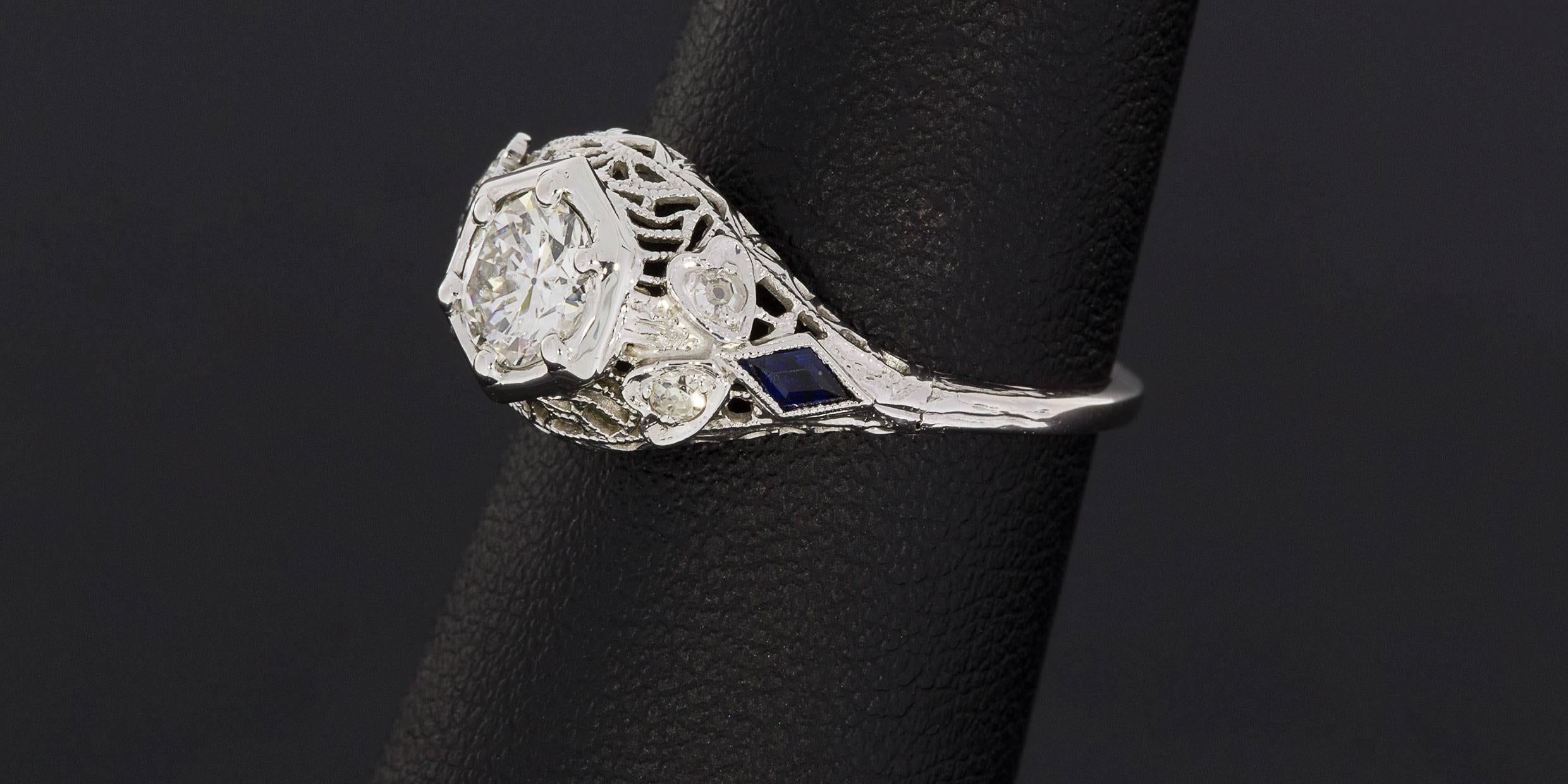 Vintage White Gold Circular Brilliant Diamond Sapphire Filigree Ring 2