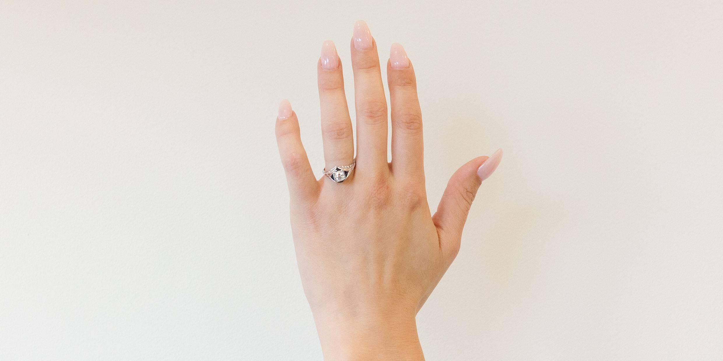 Women's Round Diamond Triangle Sapphire Art Deco Filigree Ring