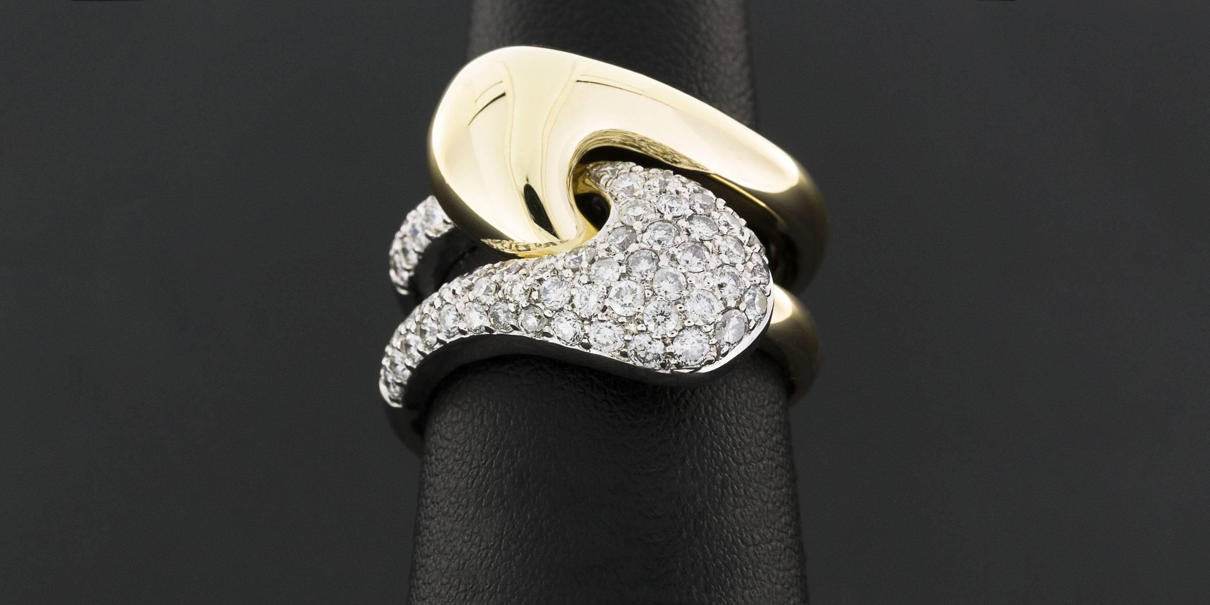 Very Unique 2-Piece Pave Diamond Interlocking Two Tone Gold Puzzle Ring In Excellent Condition In Columbia, MO