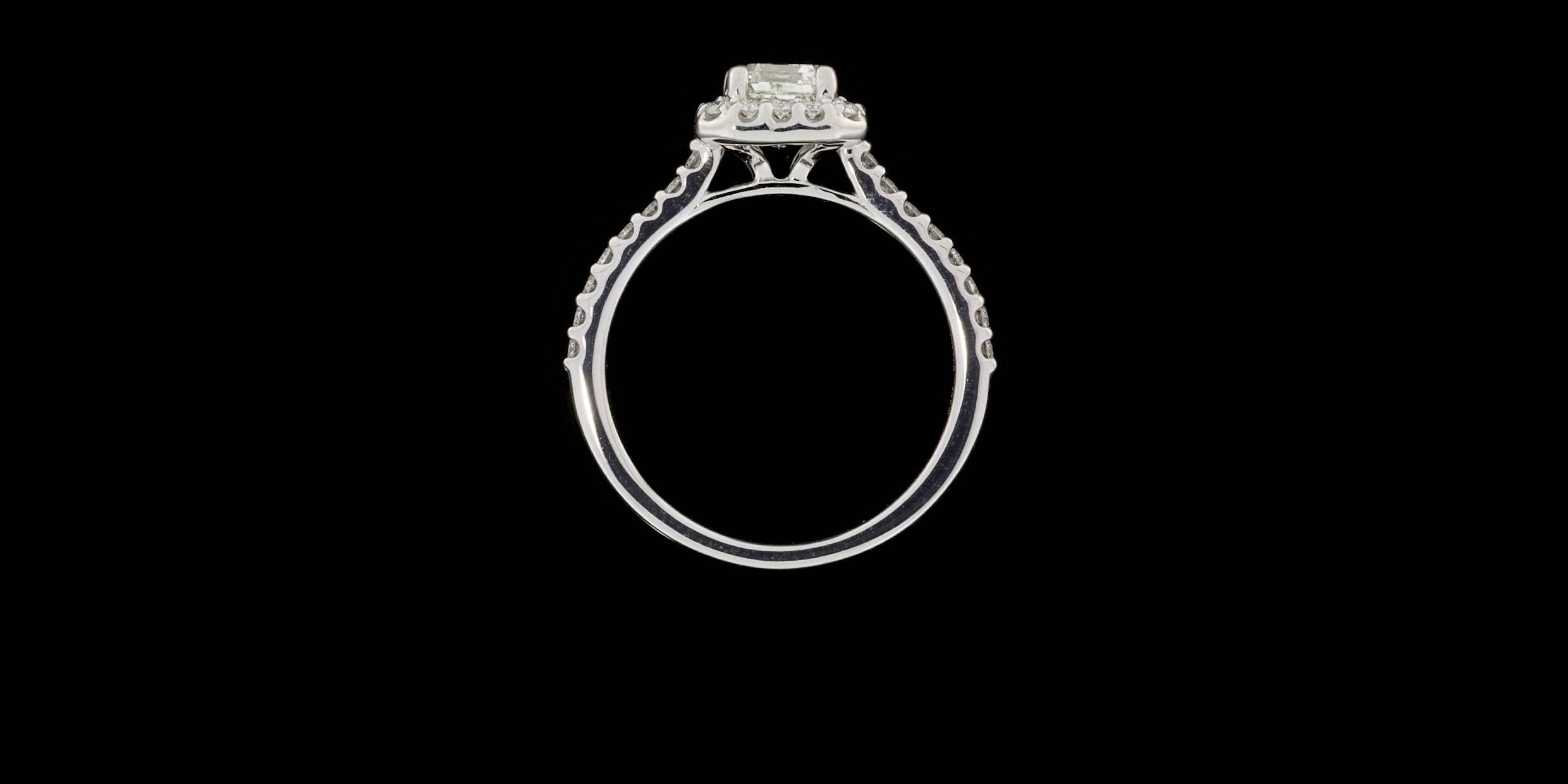 Ritani 1.41 Carat Emerald Cut Diamond Gold Halo Engagement Ring In New Condition In Columbia, MO