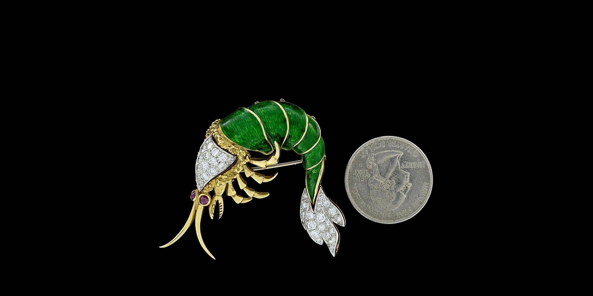 Very Unique Ruby Enamel Diamond Yellow and White Gold Shrimp Prawn Brooch Pin In Excellent Condition In Columbia, MO