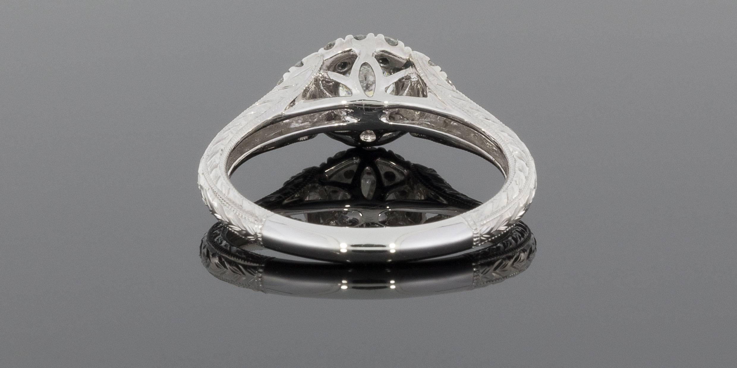 Round Diamond Cushion Halo Fleur-De-Lis Engagement Ring In New Condition In Columbia, MO