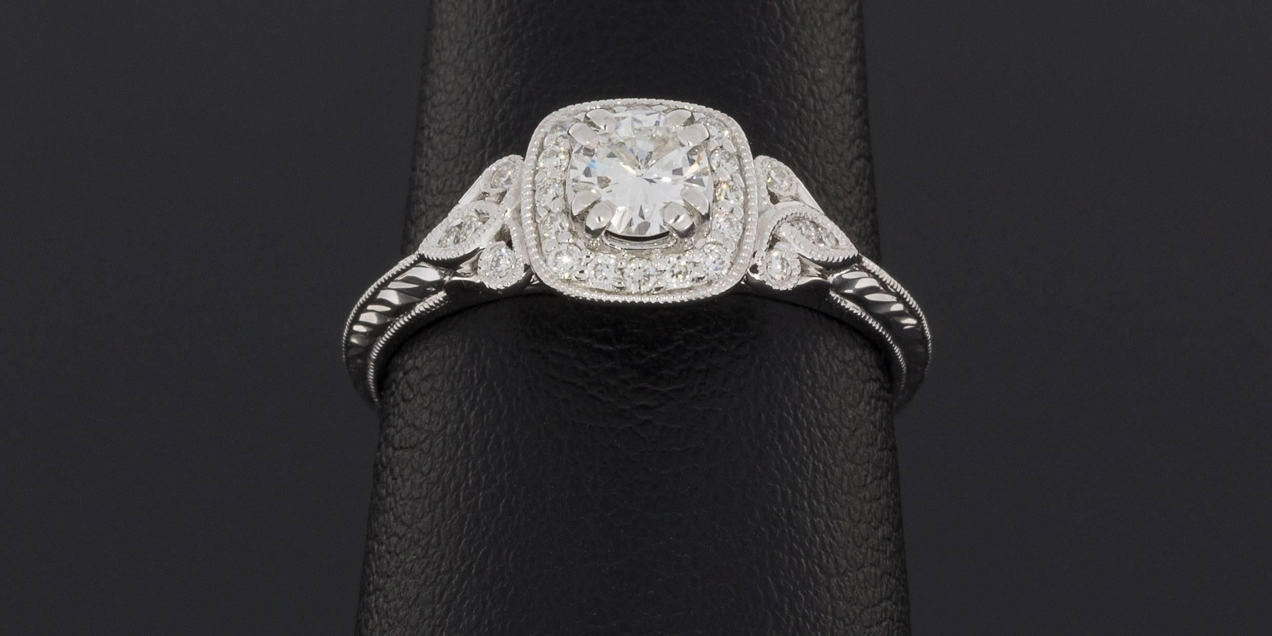 Round Diamond Cushion Halo Fleur-De-Lis Engagement Ring 1
