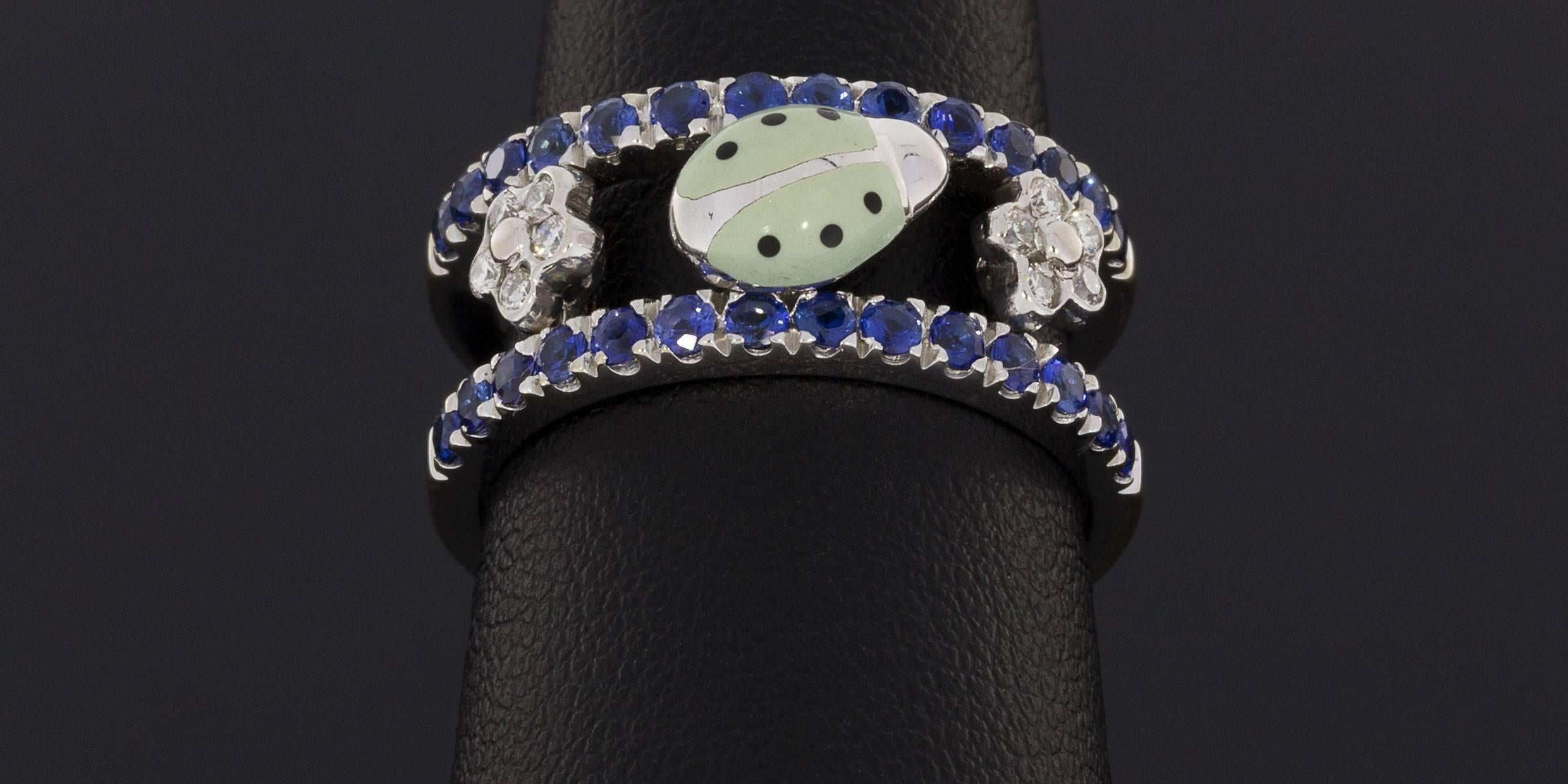 Aaron Basha 18 Karat White Gold Diamond and Sapphire Double Decker Ladybug Ring 1
