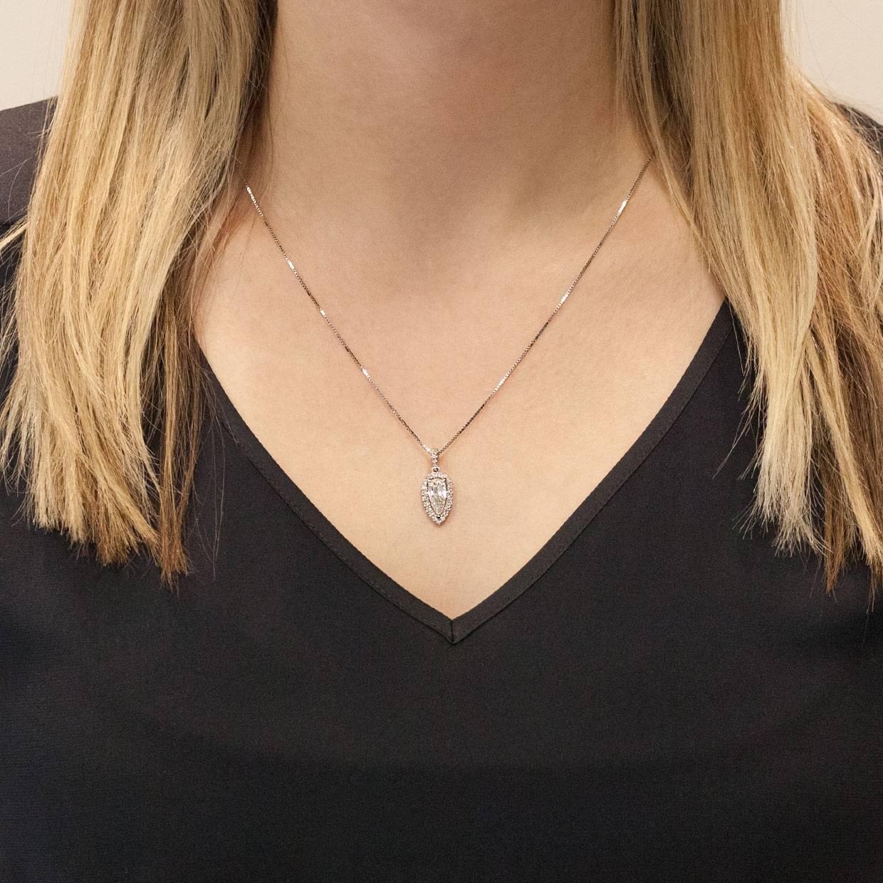 Custom-Made White Gold Elongated Pear Diamond Halo Pendant Necklace 1