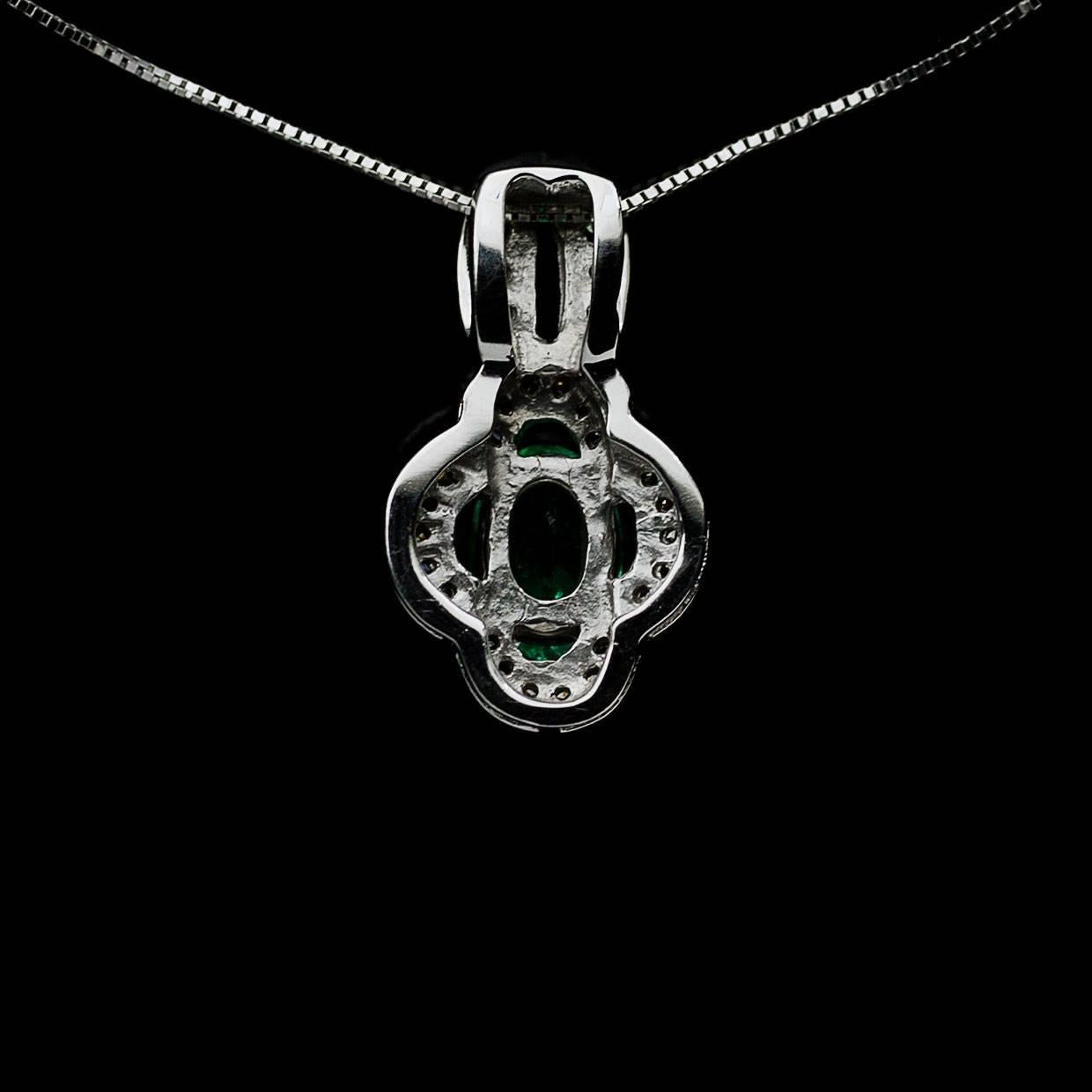 Women's White Gold Oval Emerald and Diamond Scalloped Halo Pendant Necklace