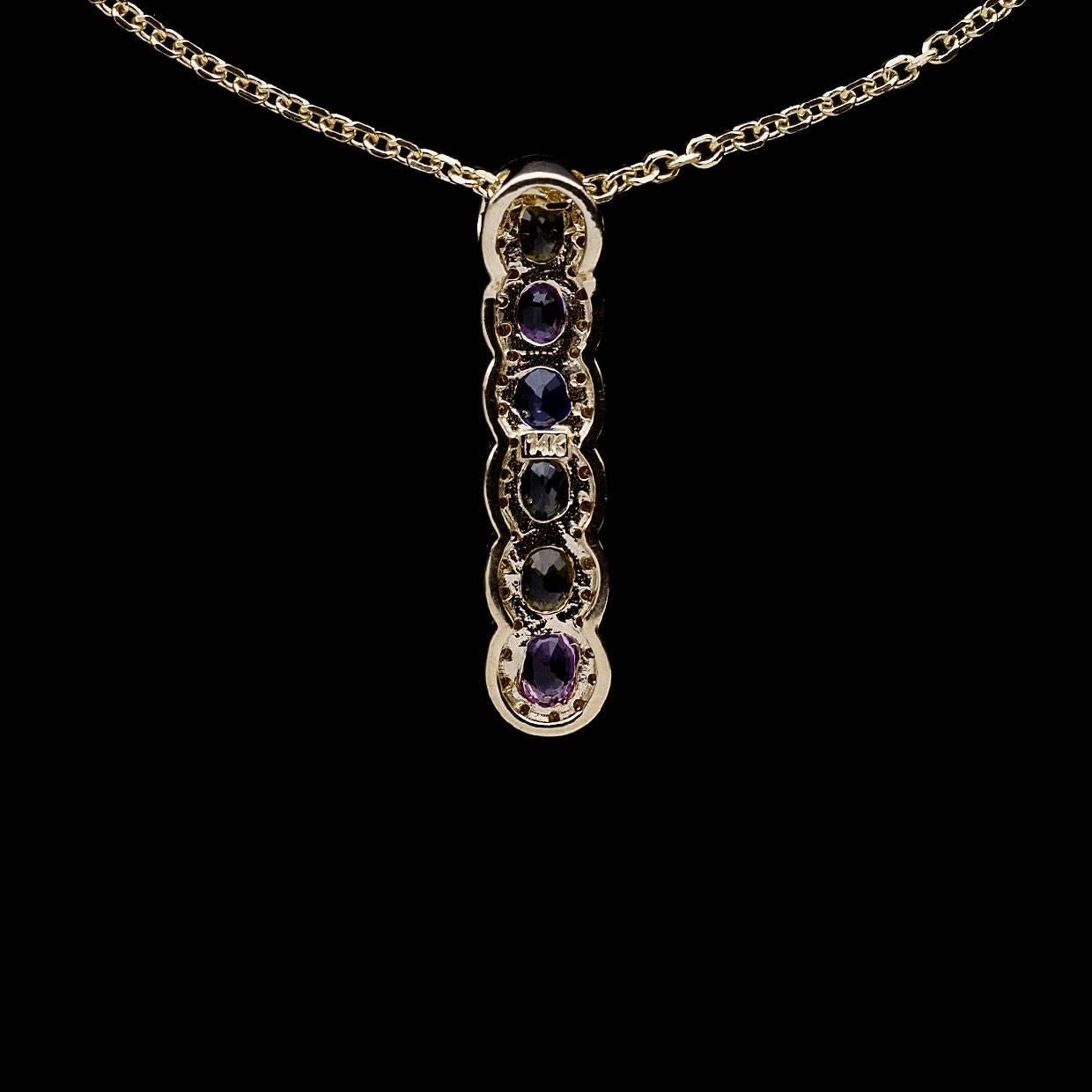 Women's Yellow and White Gold Multi-Color Sapphire and Diamond Halo Pendant Necklace