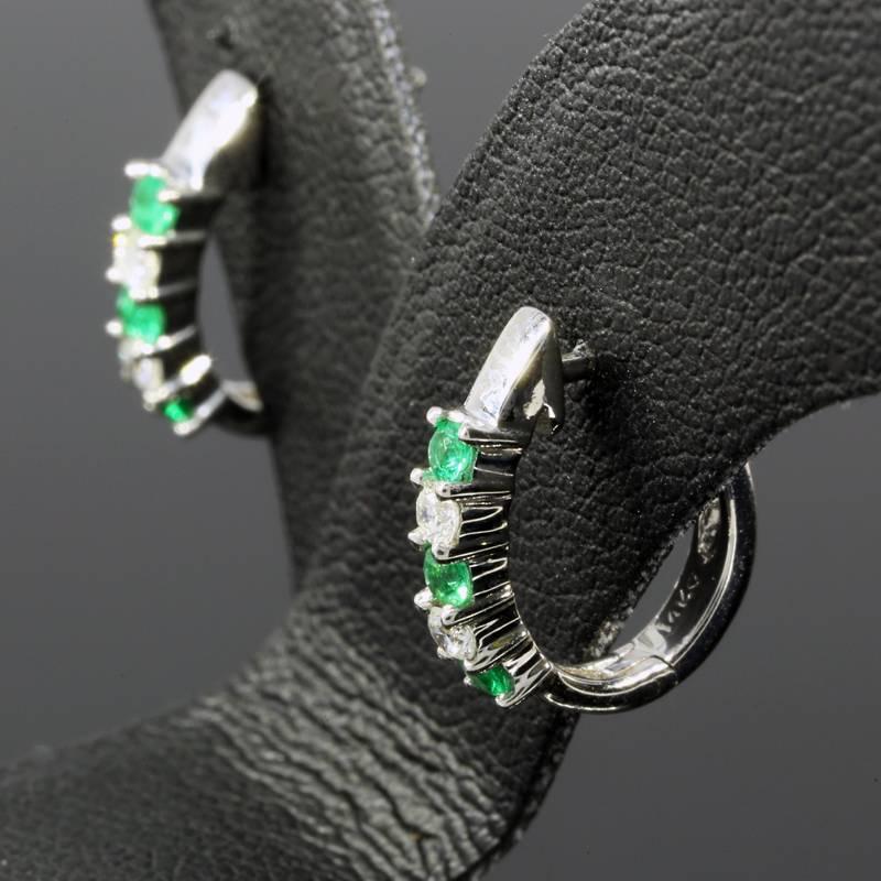 Women's Alluring Emerald Diamond White Gold Hoop Earrings