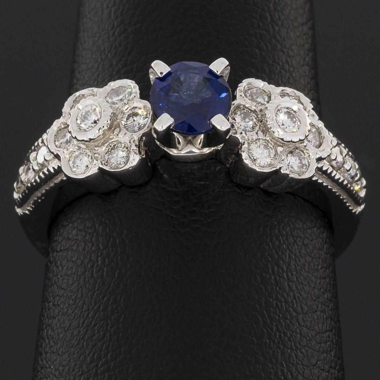 Women's Blue Sapphire Diamond White Gold Flower Design Engagement Ring