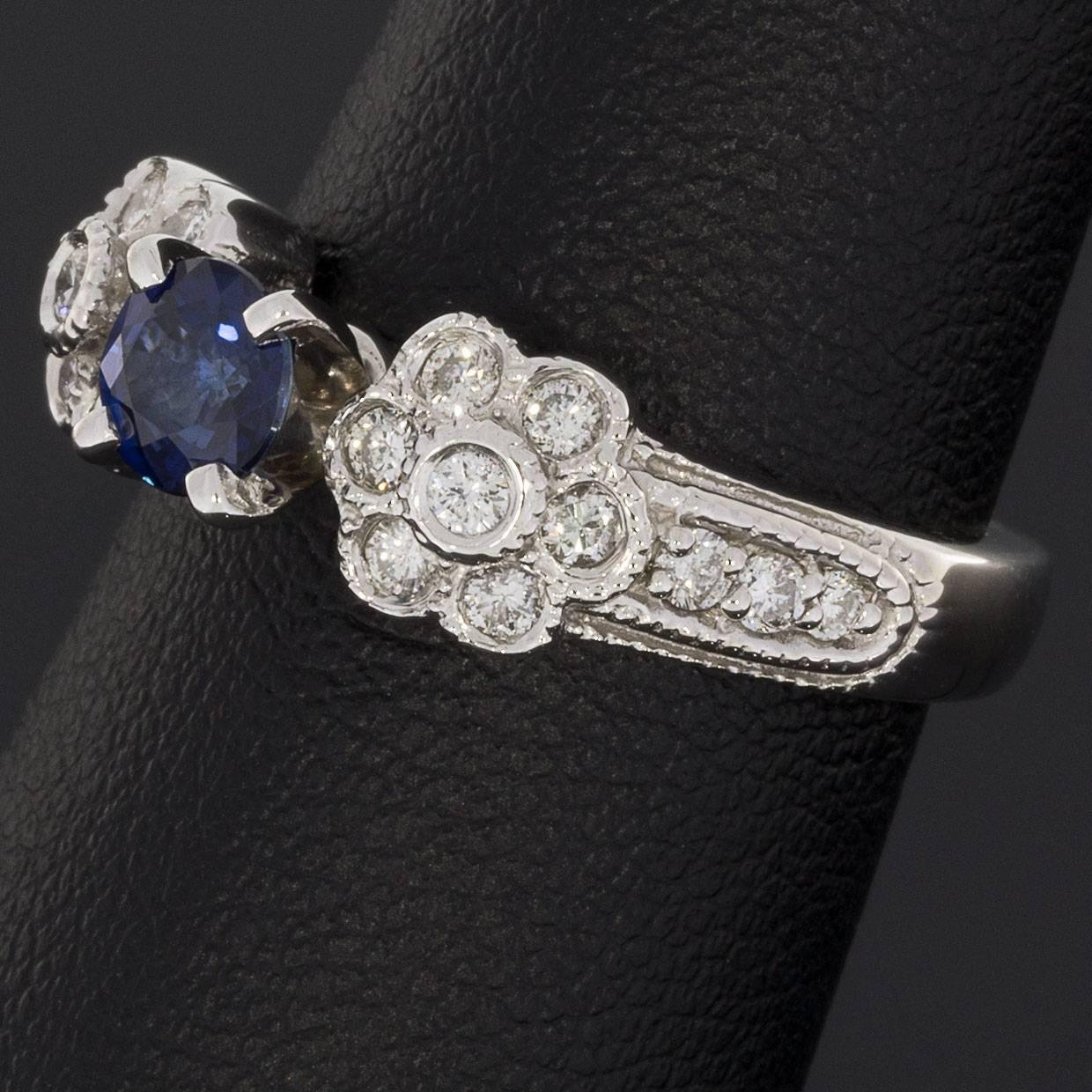 Blue Sapphire Diamond White Gold Flower Design Engagement Ring 1