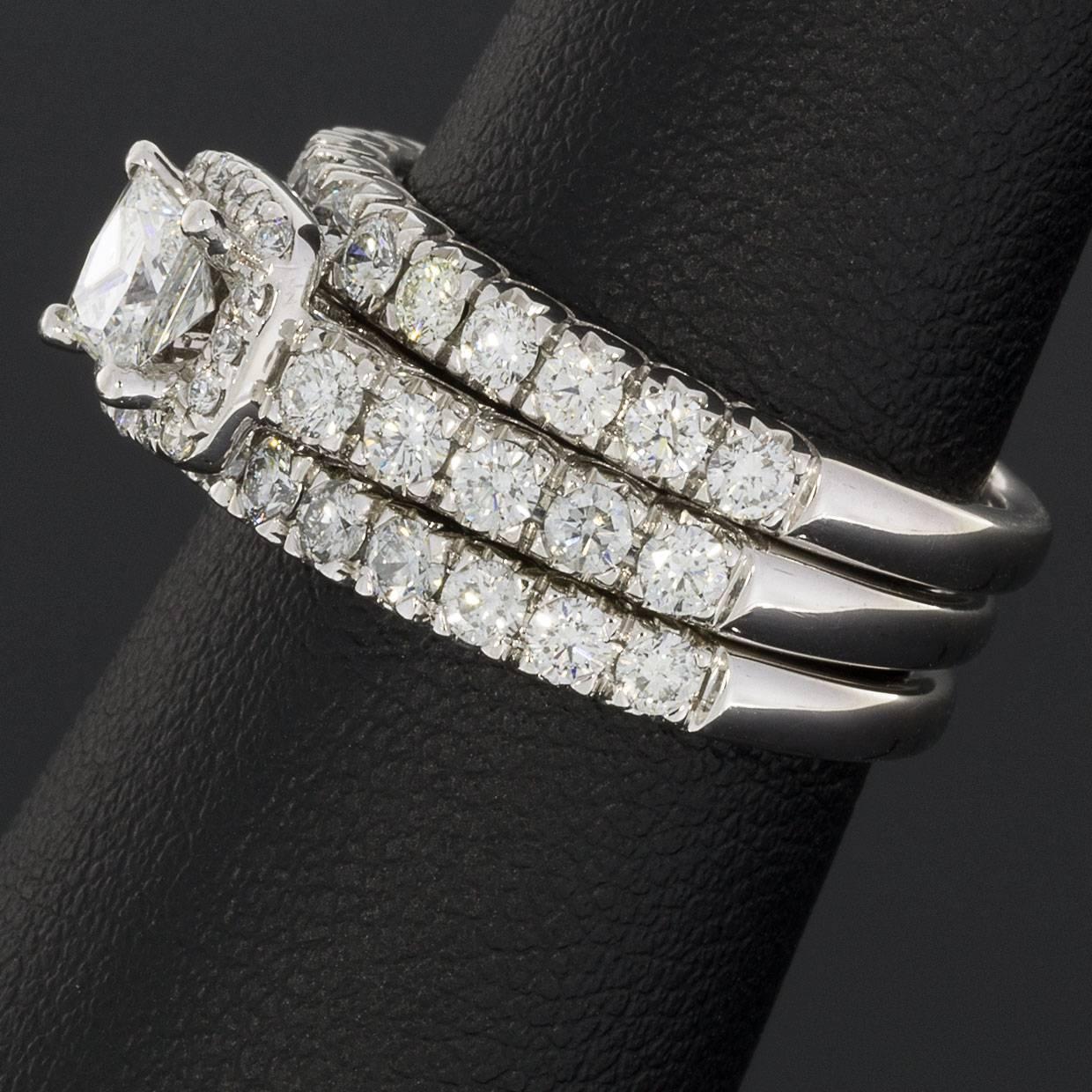Tolkowsky Princess Cushion-Shaped Diamond Halo Engagement Ring and Bands In Excellent Condition In Columbia, MO