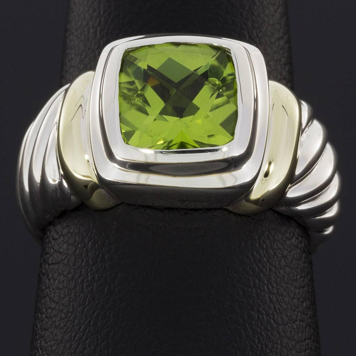 David Yurman Silver and Gold Cushion Peridot Noblesse Ring In Excellent Condition In Columbia, MO