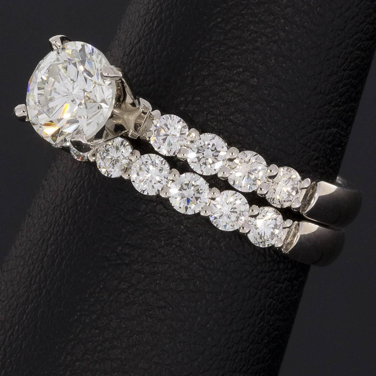 Round Diamond White Gold Shared Prong Engagement Ring and Wedding Band Set 2