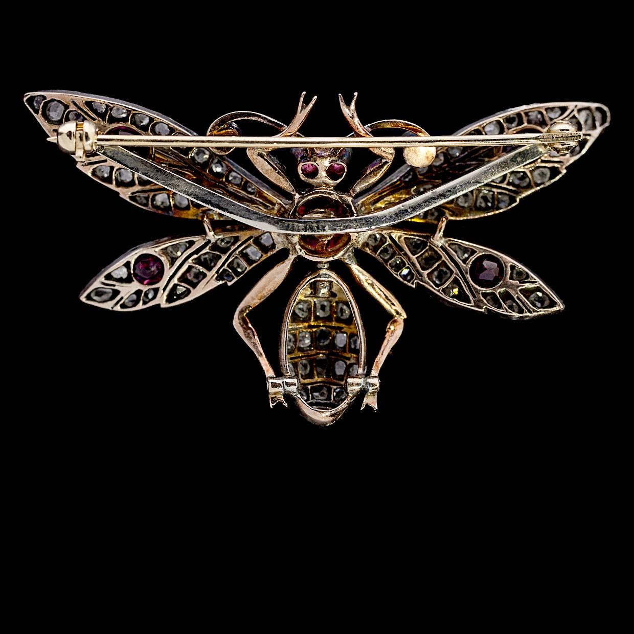 Antique Ruby and Old Mine Cut Diamond Handcrafted Bee Brooch Pin In Excellent Condition For Sale In Columbia, MO