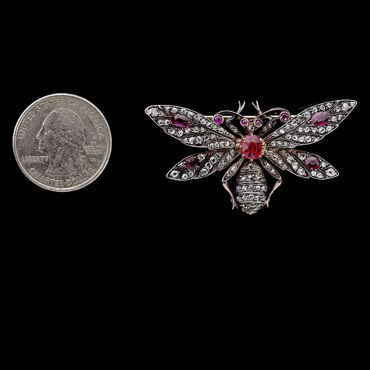 Women's Antique Ruby and Old Mine Cut Diamond Handcrafted Bee Brooch Pin For Sale