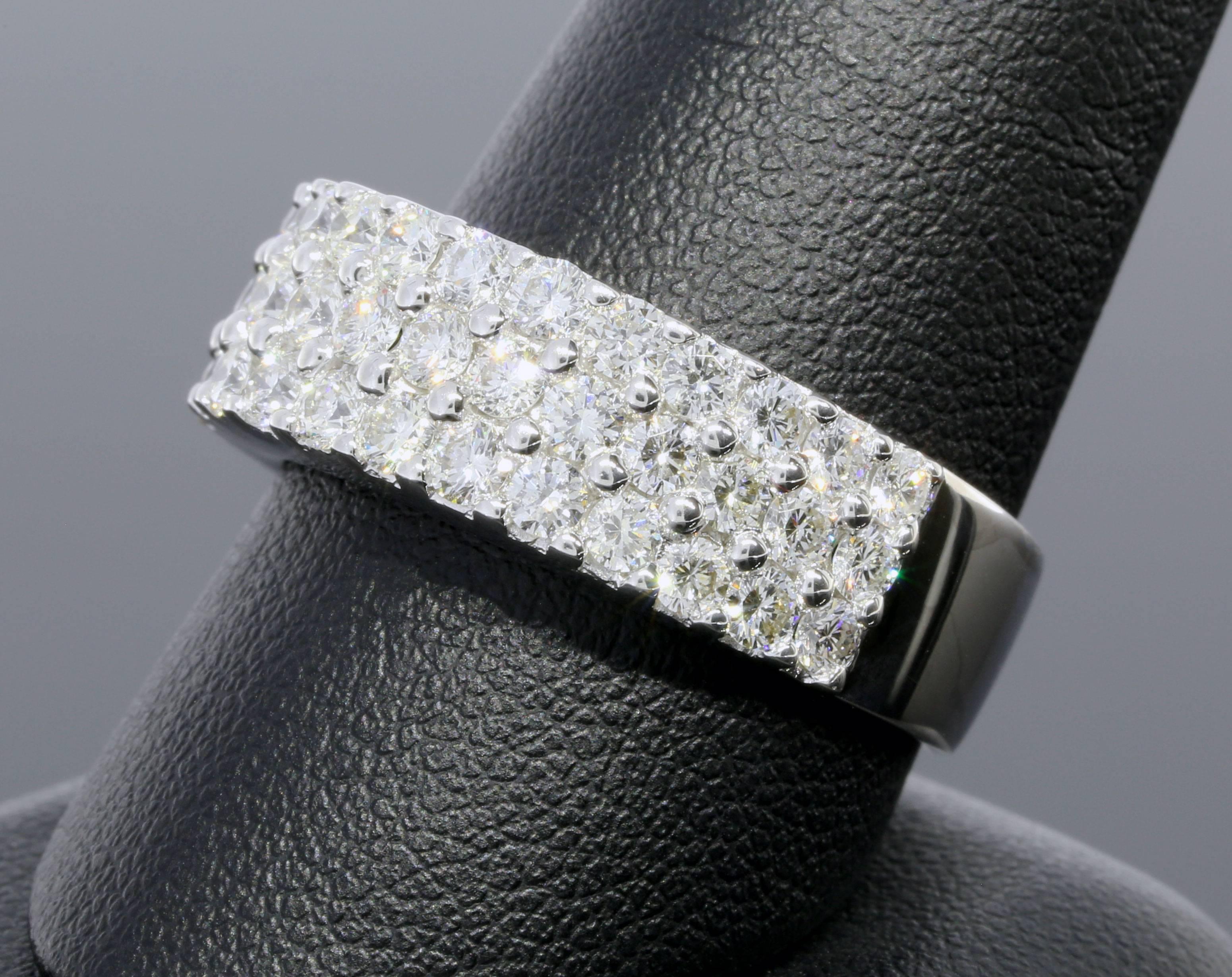 White Gold Round Diamond Three Row Shared Prong Wedding Band Ring 1