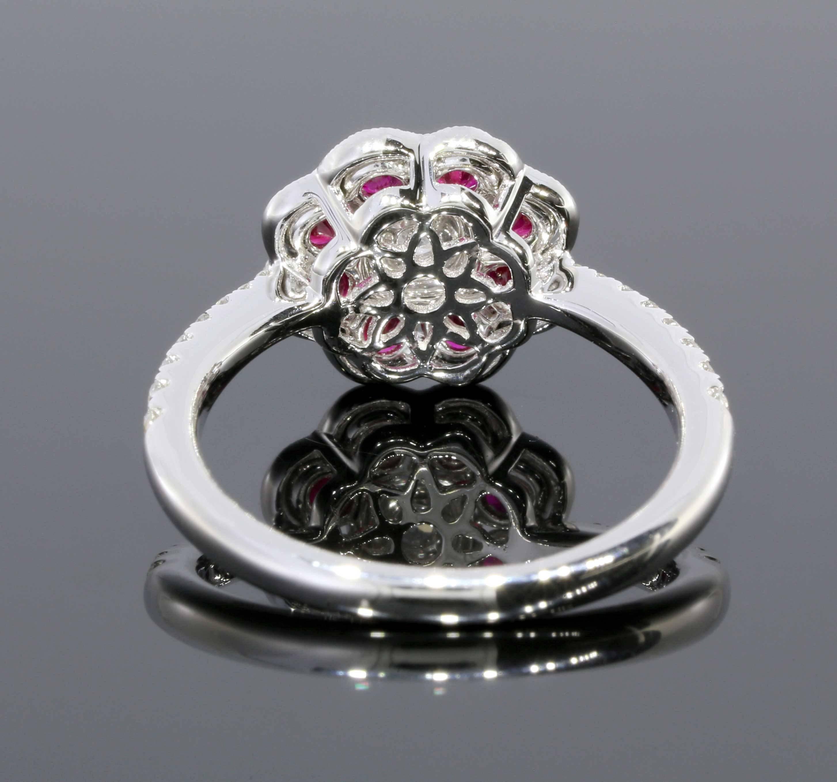 Round Cut  Diamond & Ruby White Gold Flower Halo Ring