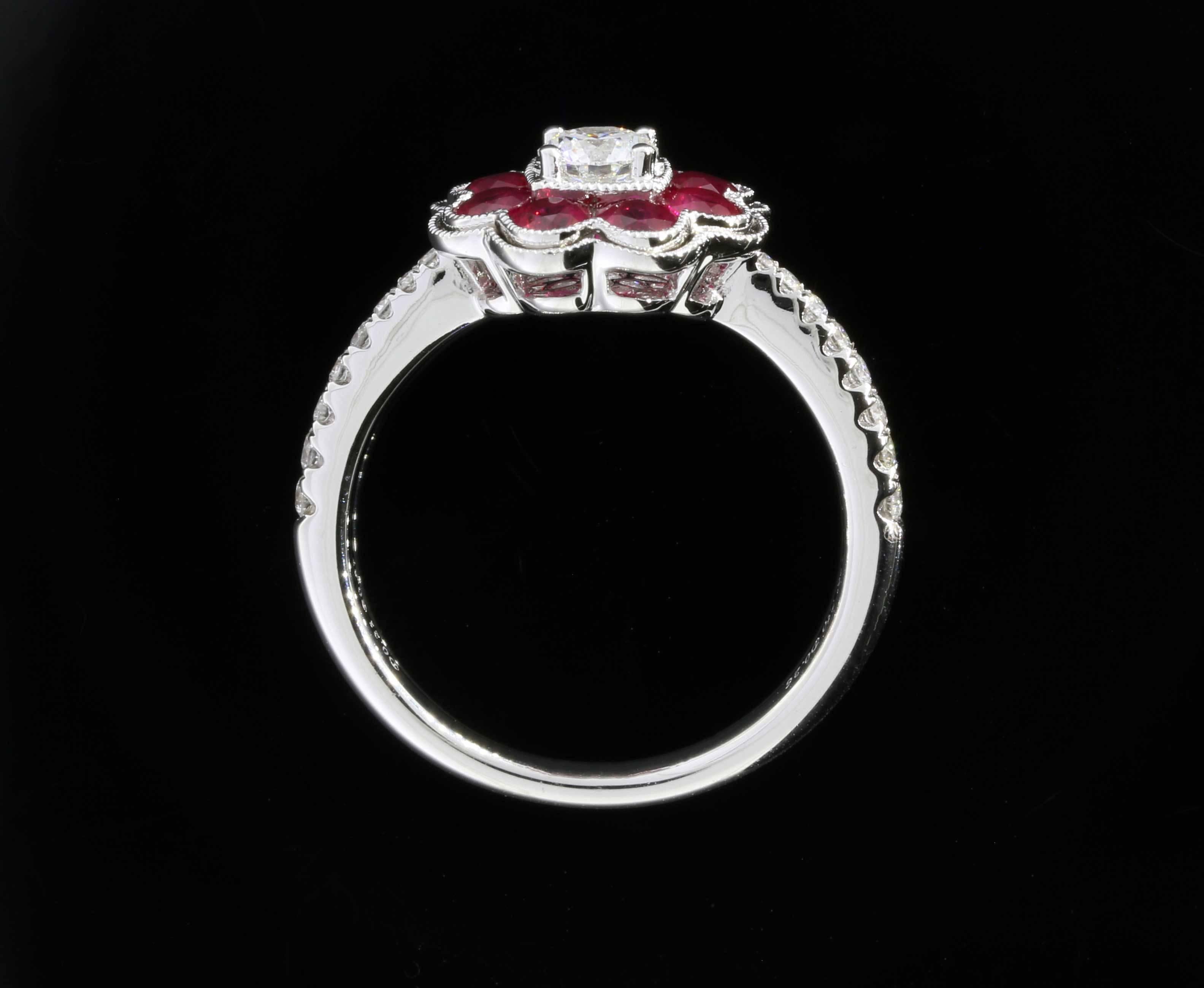  Diamond & Ruby White Gold Flower Halo Ring In New Condition In Columbia, MO