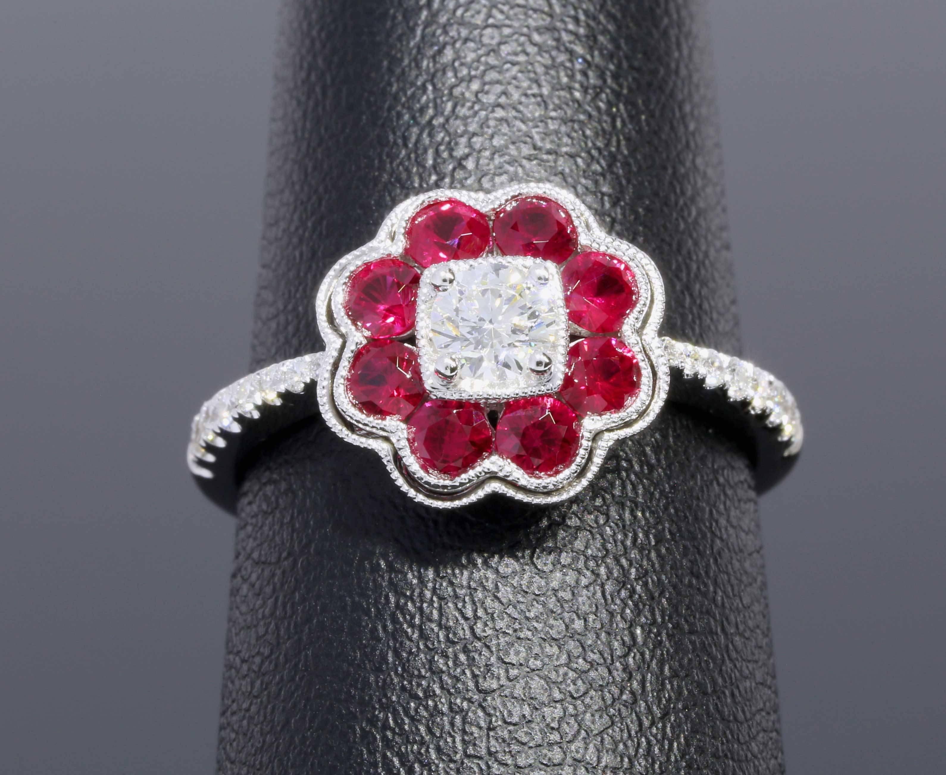 Women's  Diamond & Ruby White Gold Flower Halo Ring