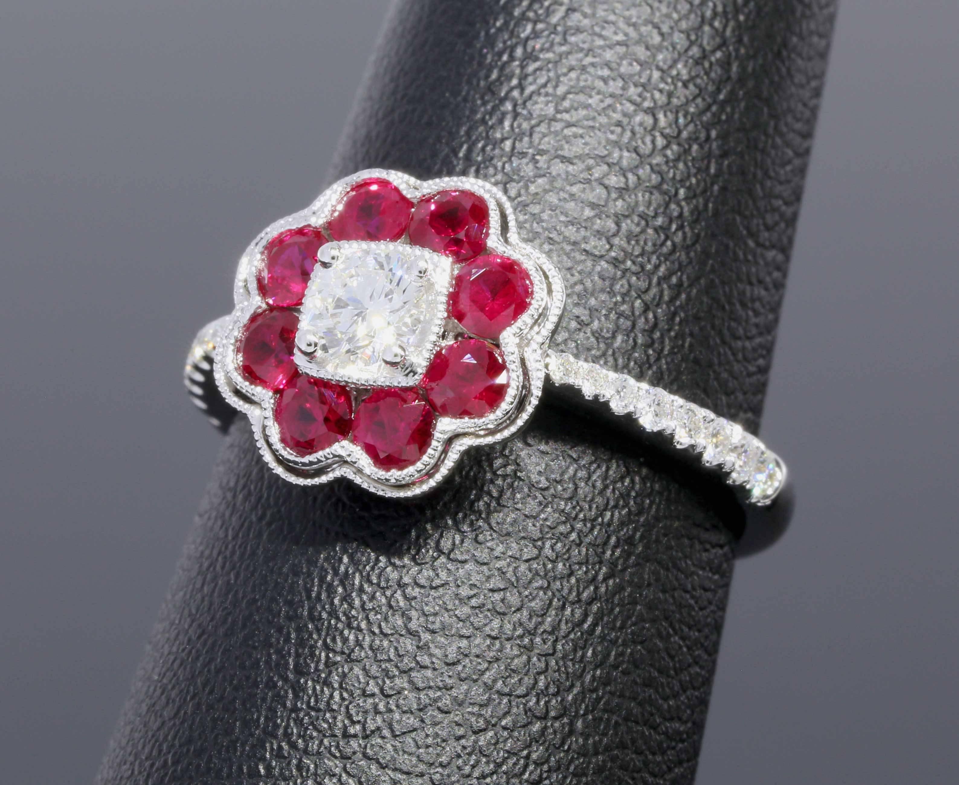  Diamond & Ruby White Gold Flower Halo Ring 1