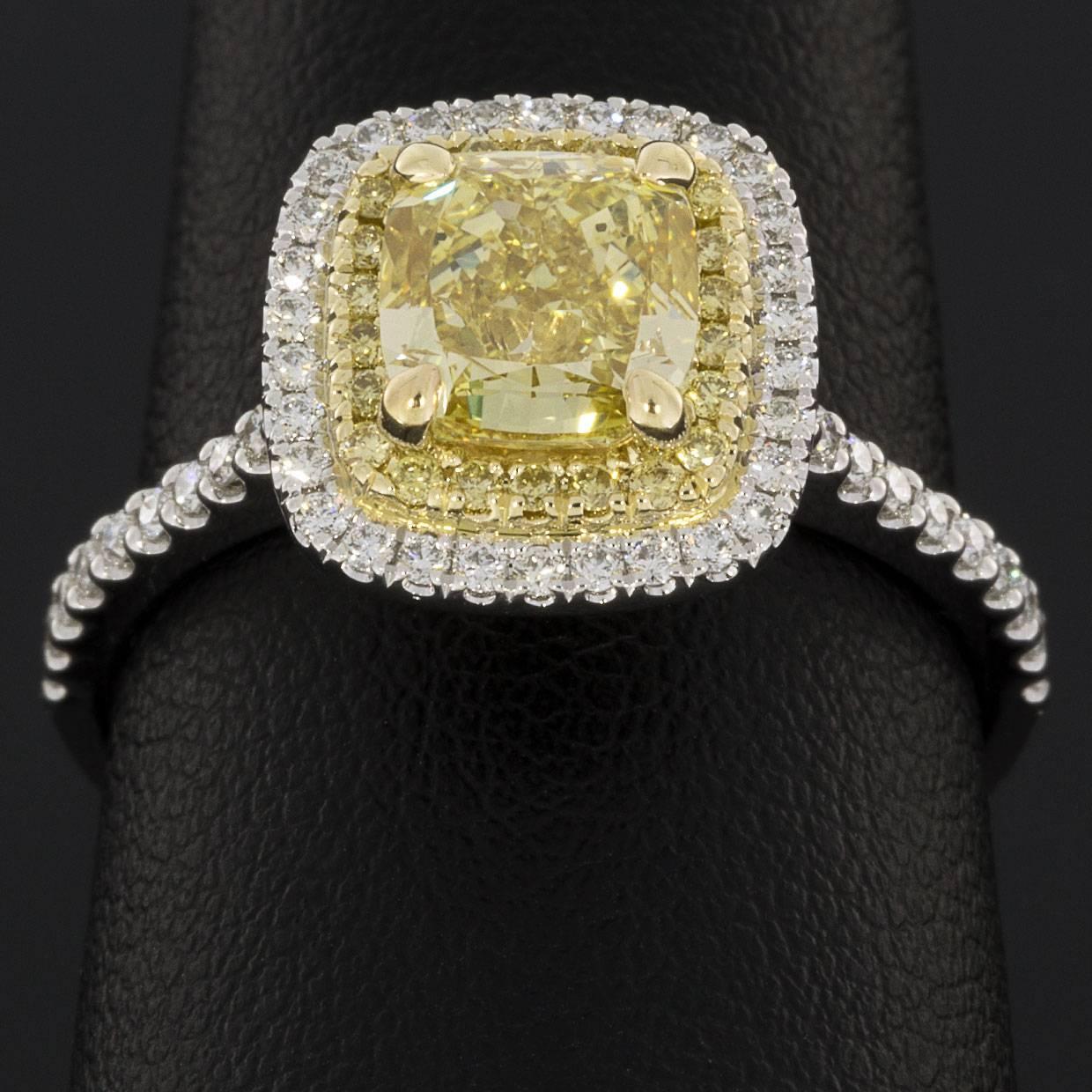 Fancy Yellow Cushion Diamond GIA Certified Double Halo Engagement Ring 1