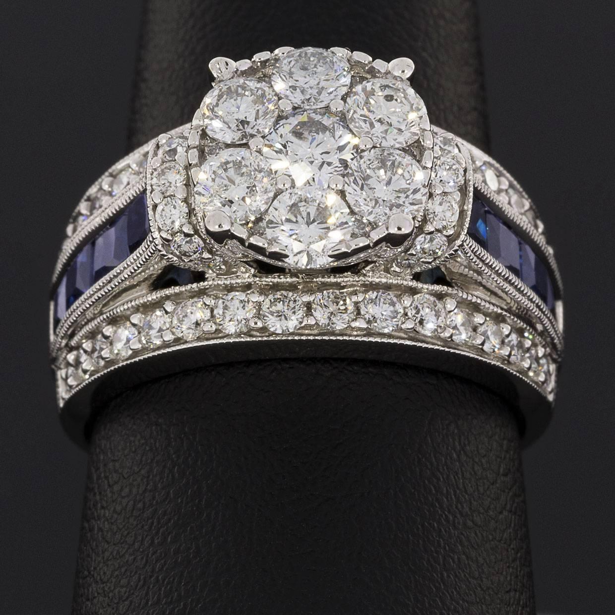 Sapphire Diamond White Gold Three-Row Cluster Engagement or Cocktail Ring 1