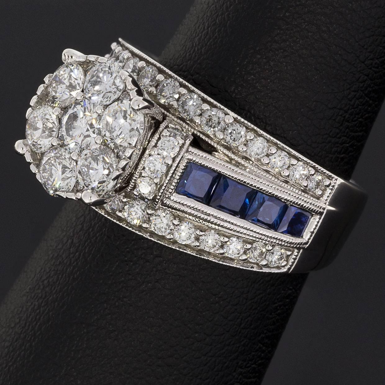 Sapphire Diamond White Gold Three-Row Cluster Engagement or Cocktail Ring 2