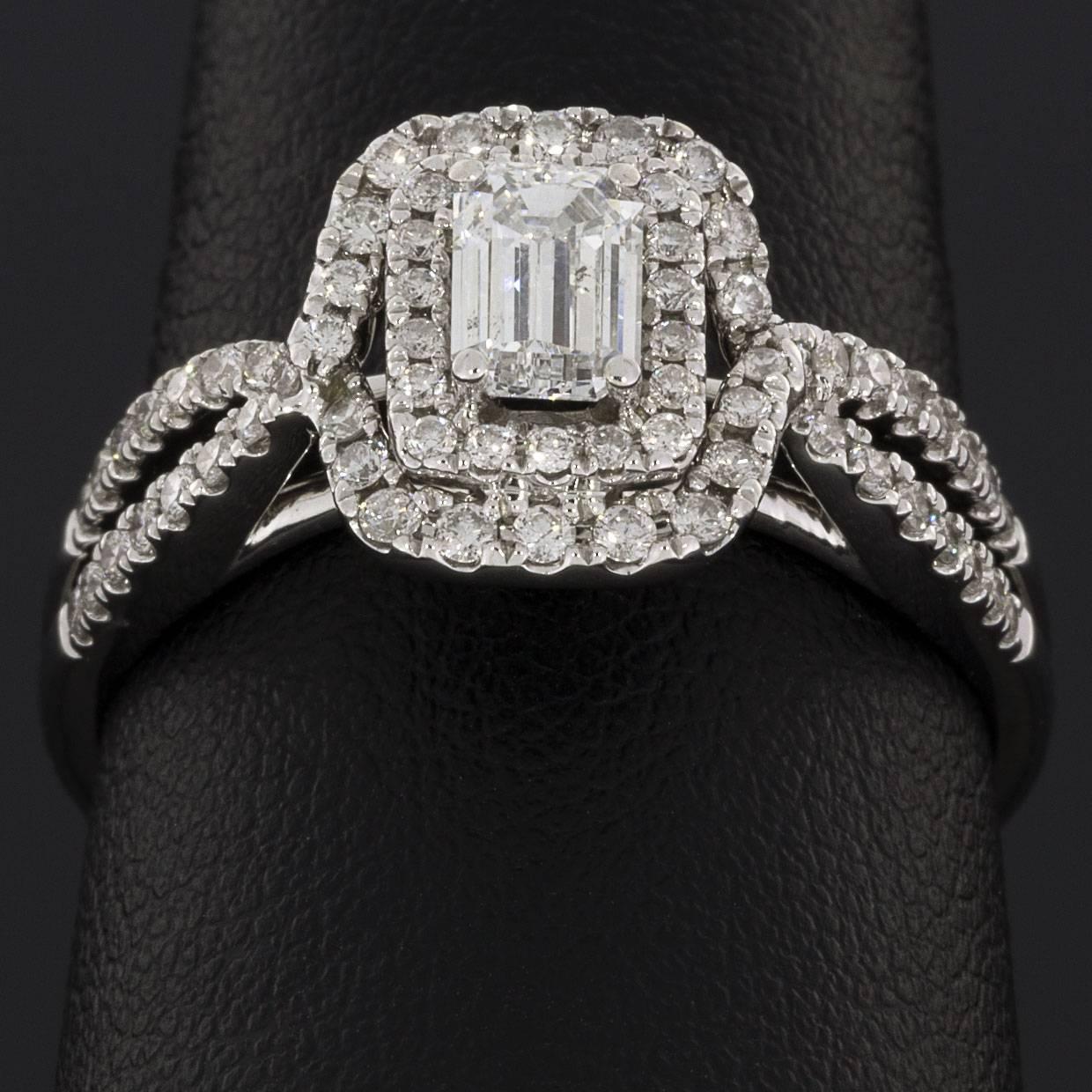 Emerald Cut Diamond White Gold Double Halo Twist Engagement Ring 1
