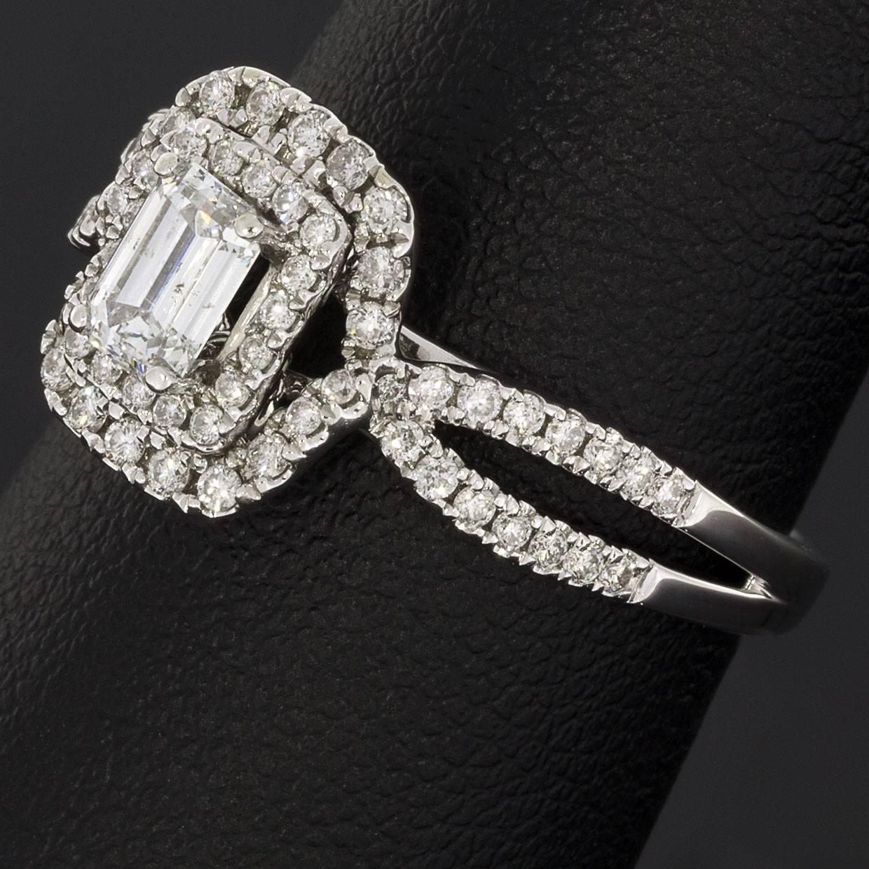 Emerald Cut Diamond White Gold Double Halo Twist Engagement Ring 2