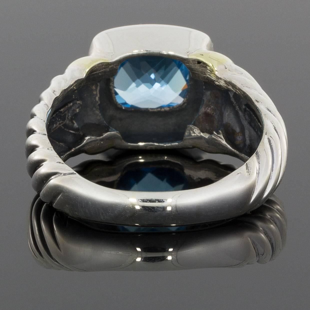 David Yurman Blue Topaz Silver and Gold Cushion Noblesse Ring In Excellent Condition In Columbia, MO