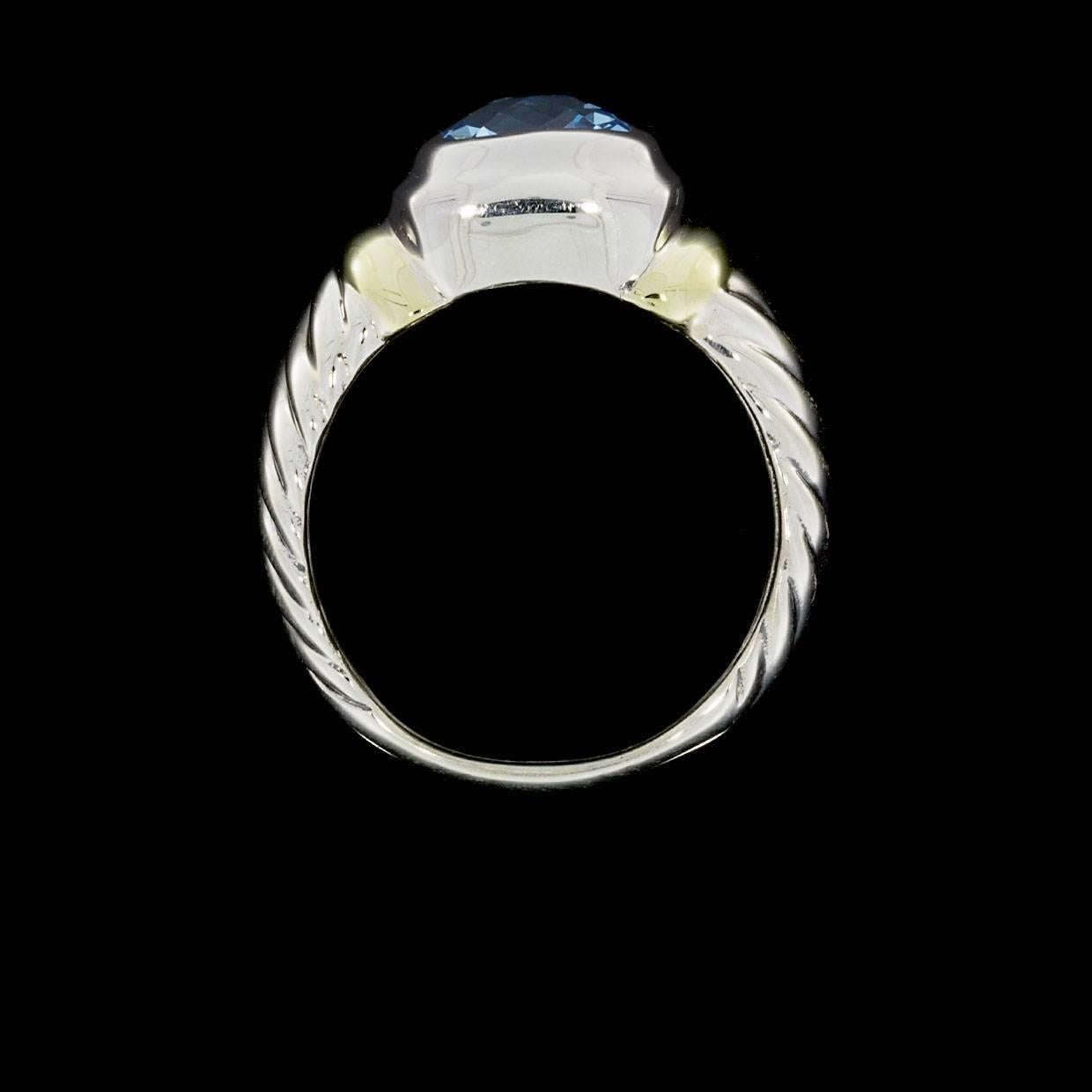 Women's David Yurman Blue Topaz Silver and Gold Cushion Noblesse Ring