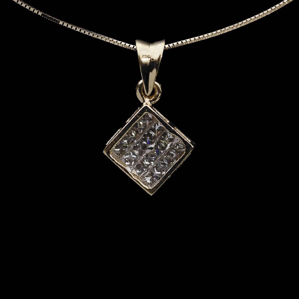 Women's Invisible Set Princess Diamond Yellow Gold Pendant Necklace