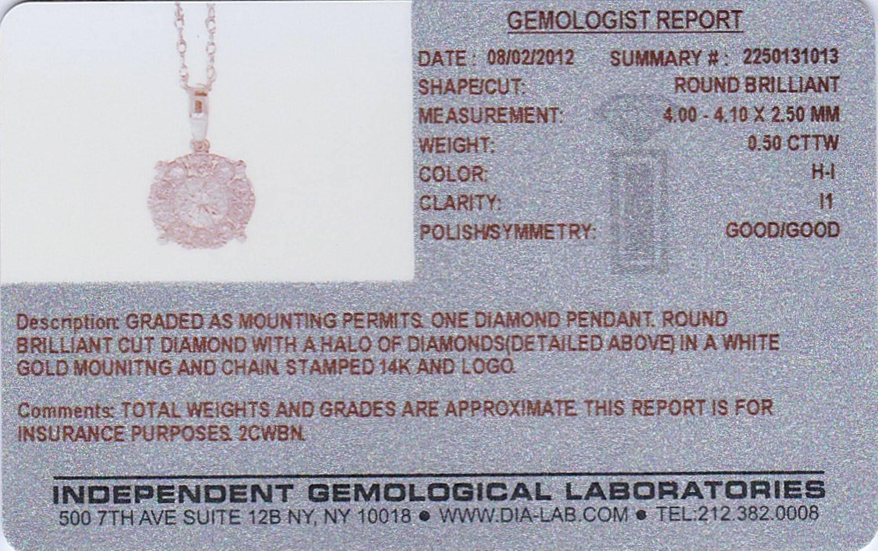 Certified Round Diamond Halo White Gold Pendant Necklace 2