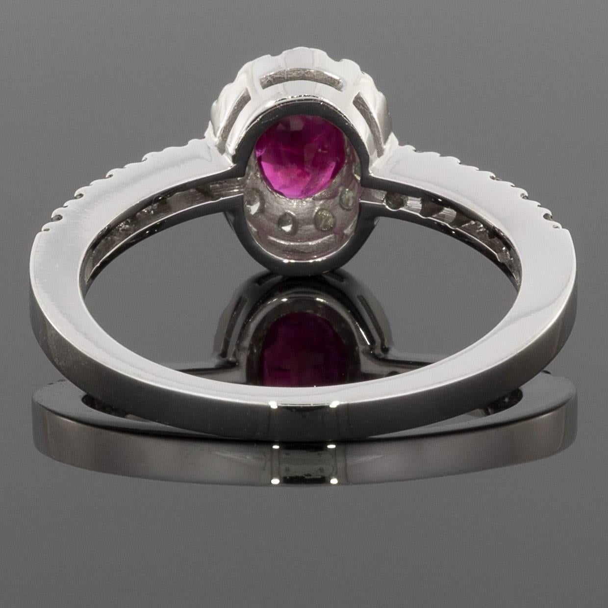 Oval Ruby Diamond White Gold Halo Engagement Ring In New Condition In Columbia, MO