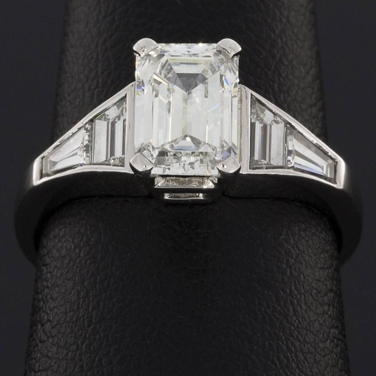 Women's GIA Certified 1.53 Carat Emerald Cut Diamond Platinum Engagement Ring
