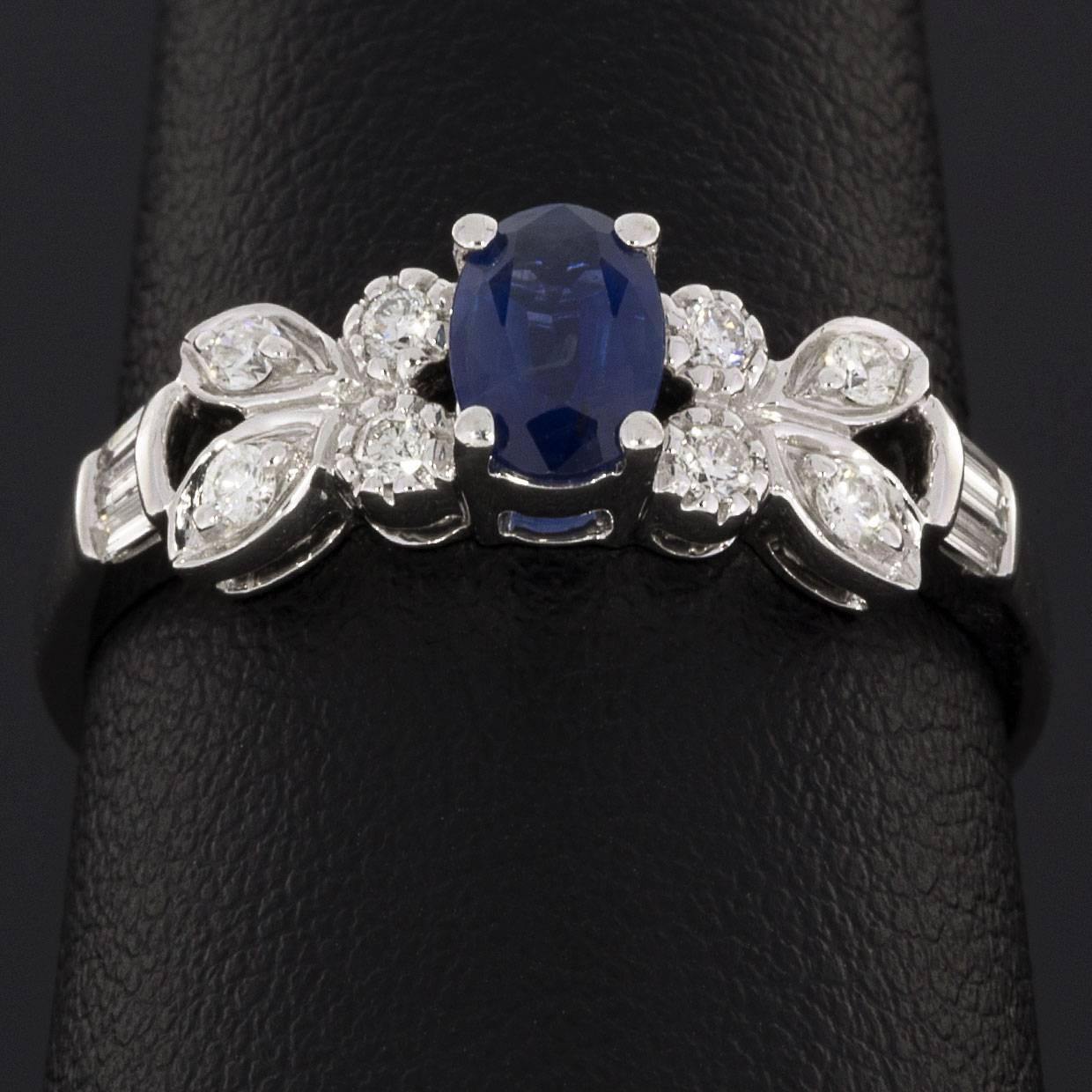 Oval Blue Sapphire Diamond White Gold Butterfly Design Engagement Ring 1