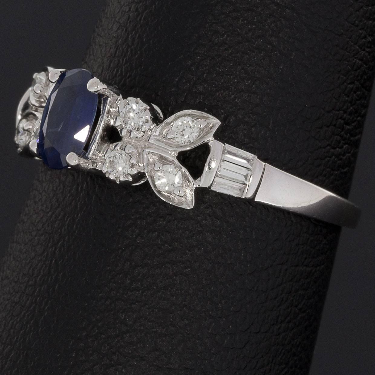 Oval Blue Sapphire Diamond White Gold Butterfly Design Engagement Ring 2